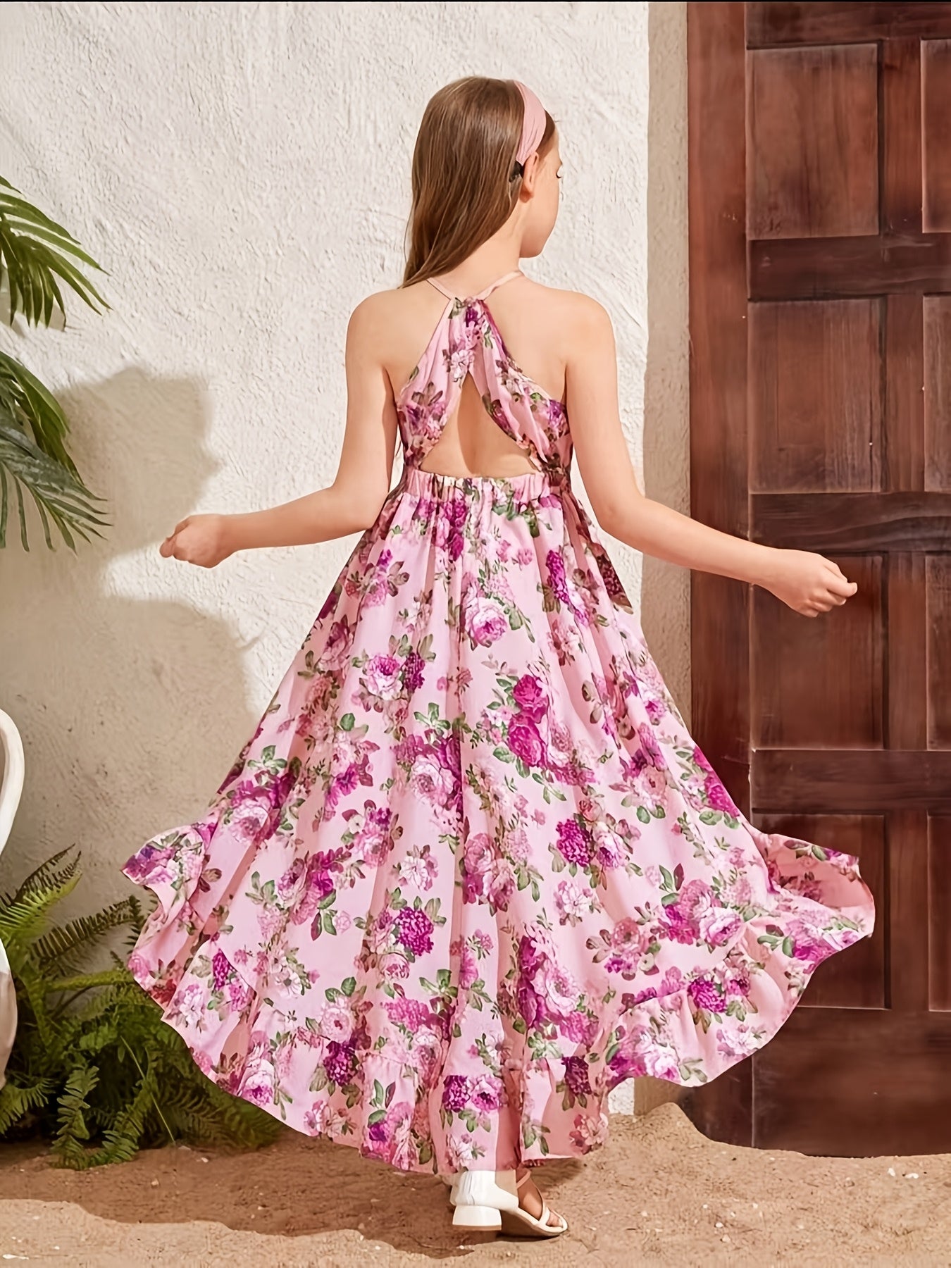 Sleeveless Off-Shoulder Elegant Floral Print Midi Dress for Teen Girls