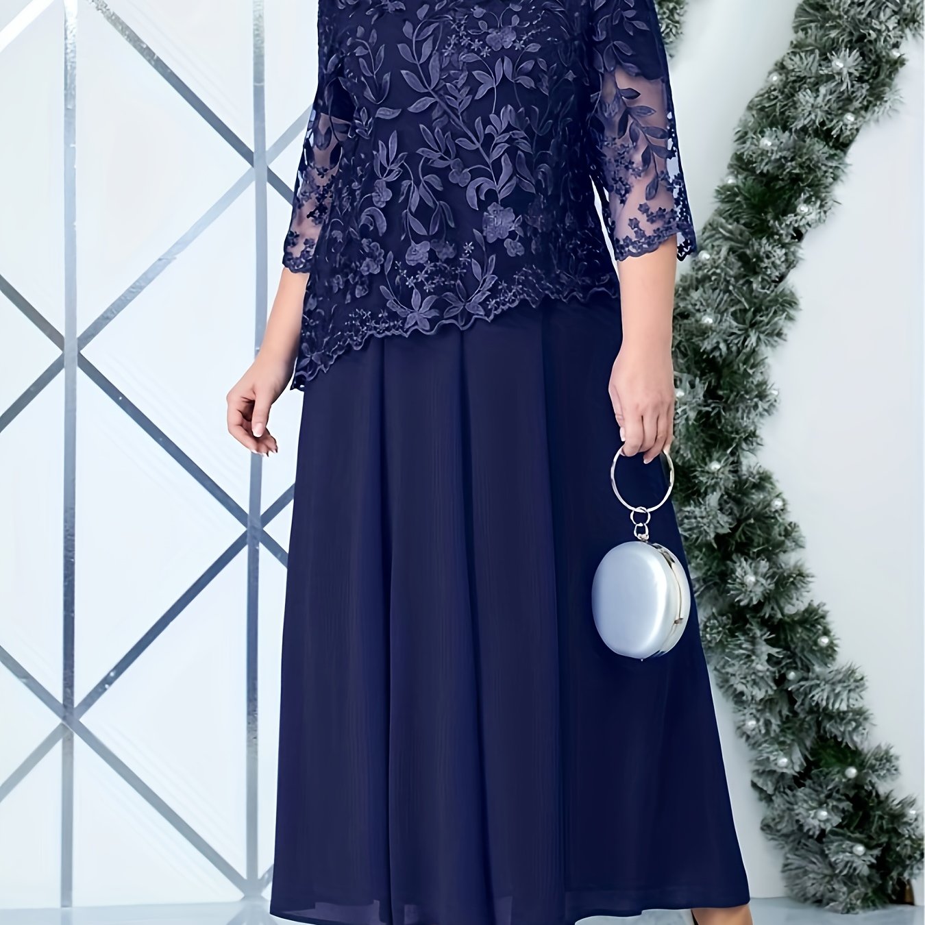 Plus Size Elegant Embroidered Lace Midi Dress for Women - Sleeveless, Chiffon Fabric, Crew Neck, Ball Gown Skirt, Summer Wedding Party