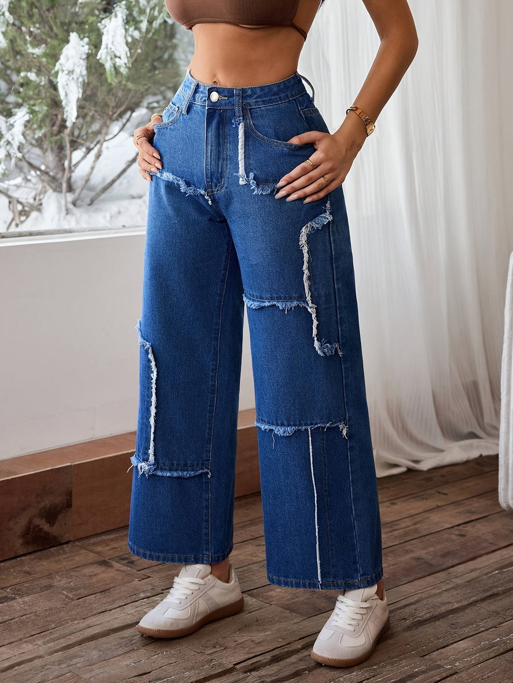 Women's Mid-Rise Stretch Denim Wide-Leg Pants - Asymmetrical Knee-Length Fringe Detail