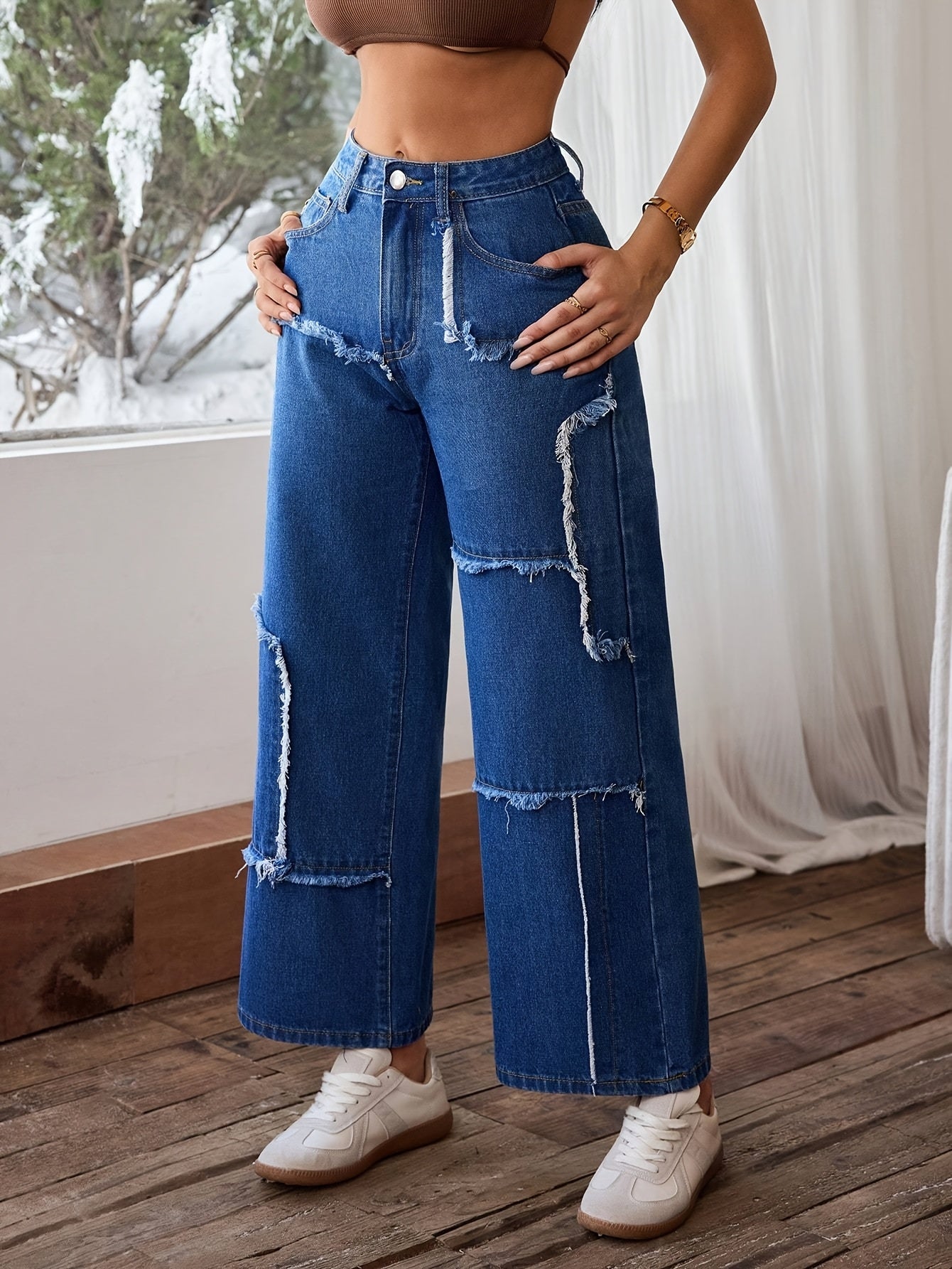 Women's Mid-Rise Stretch Denim Wide-Leg Pants - Asymmetrical Knee-Length Fringe Detail