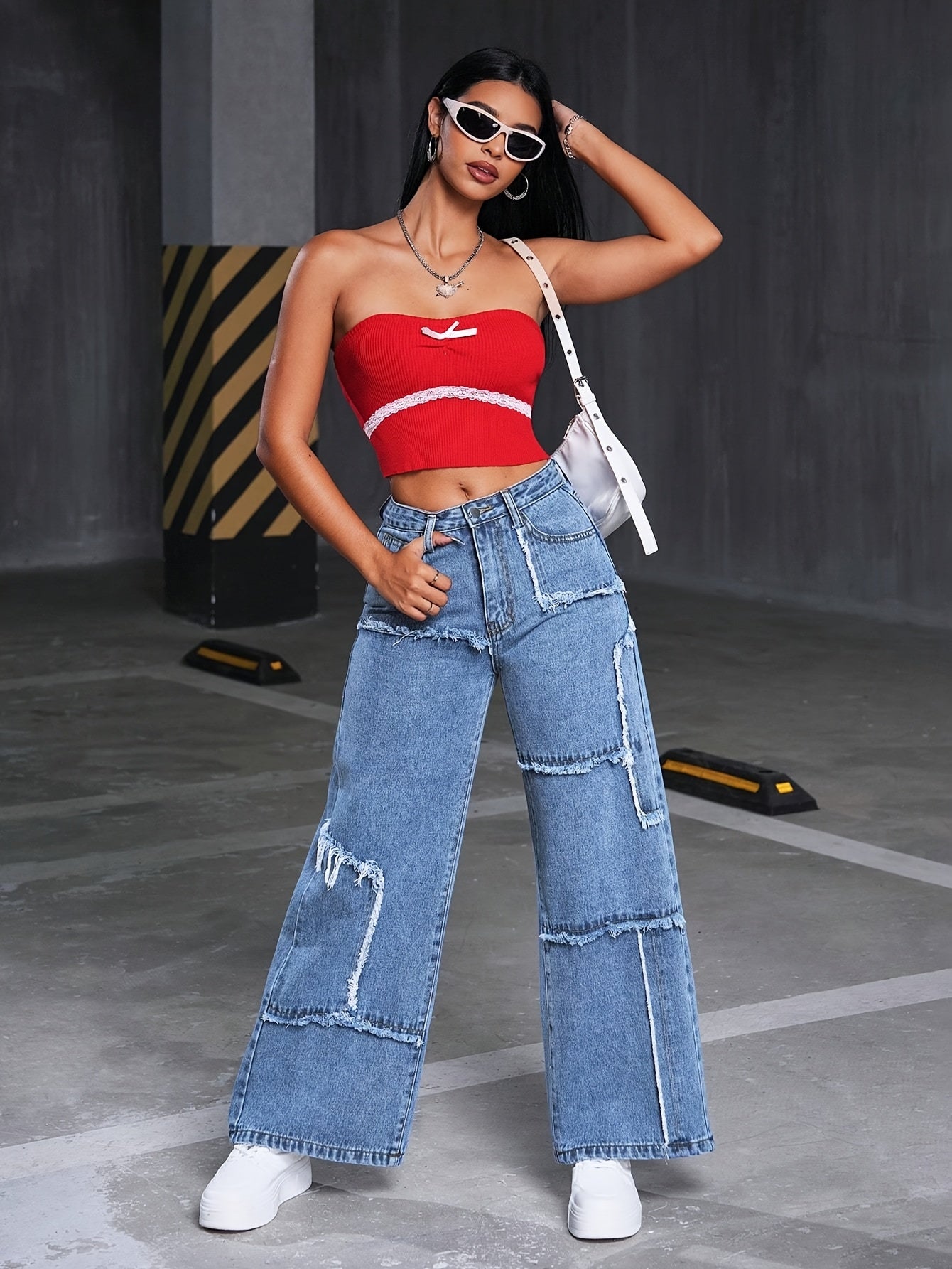 Women's Mid-Rise Stretch Denim Wide-Leg Pants - Asymmetrical Knee-Length Fringe Detail