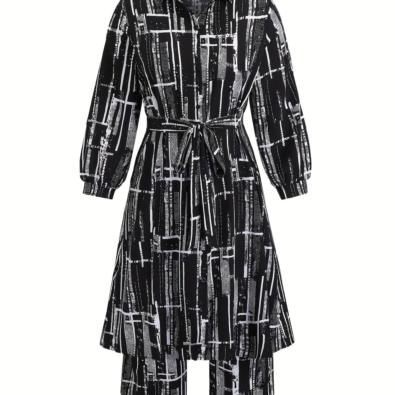 Plus Size Long Sleeve Shirt and Pants Set with Floral Print