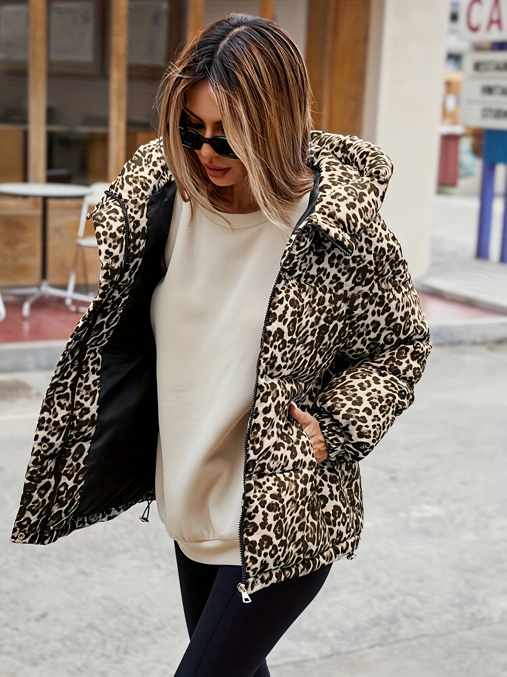 Women's Plus Size Winter Leopard Print Full-Length Zip Hooded Jacket