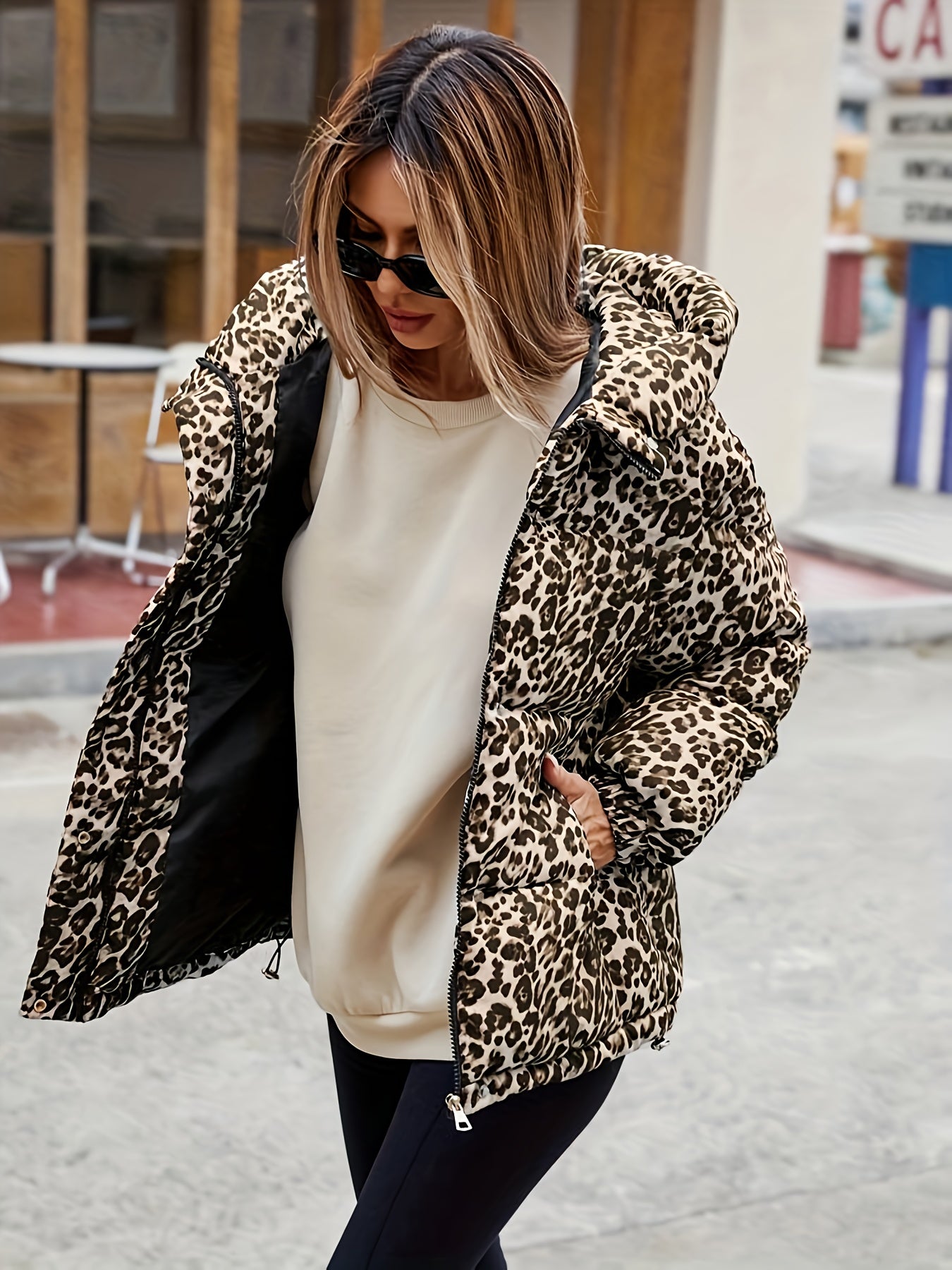 Women's Plus Size Winter Leopard Print Full-Length Zip Hooded Jacket