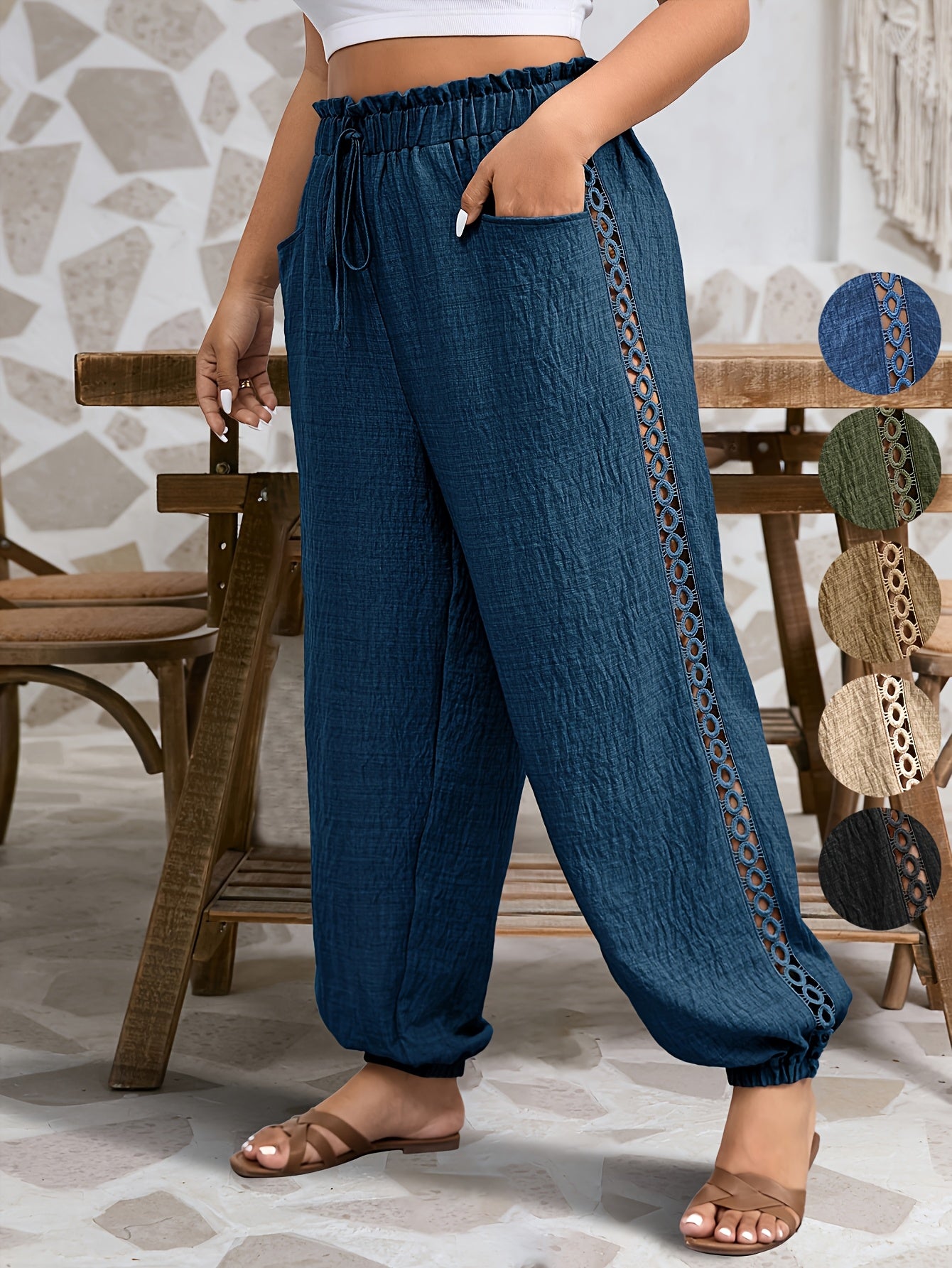 Women's Plus Size Casual Tapered Pants with Ruffle Detail