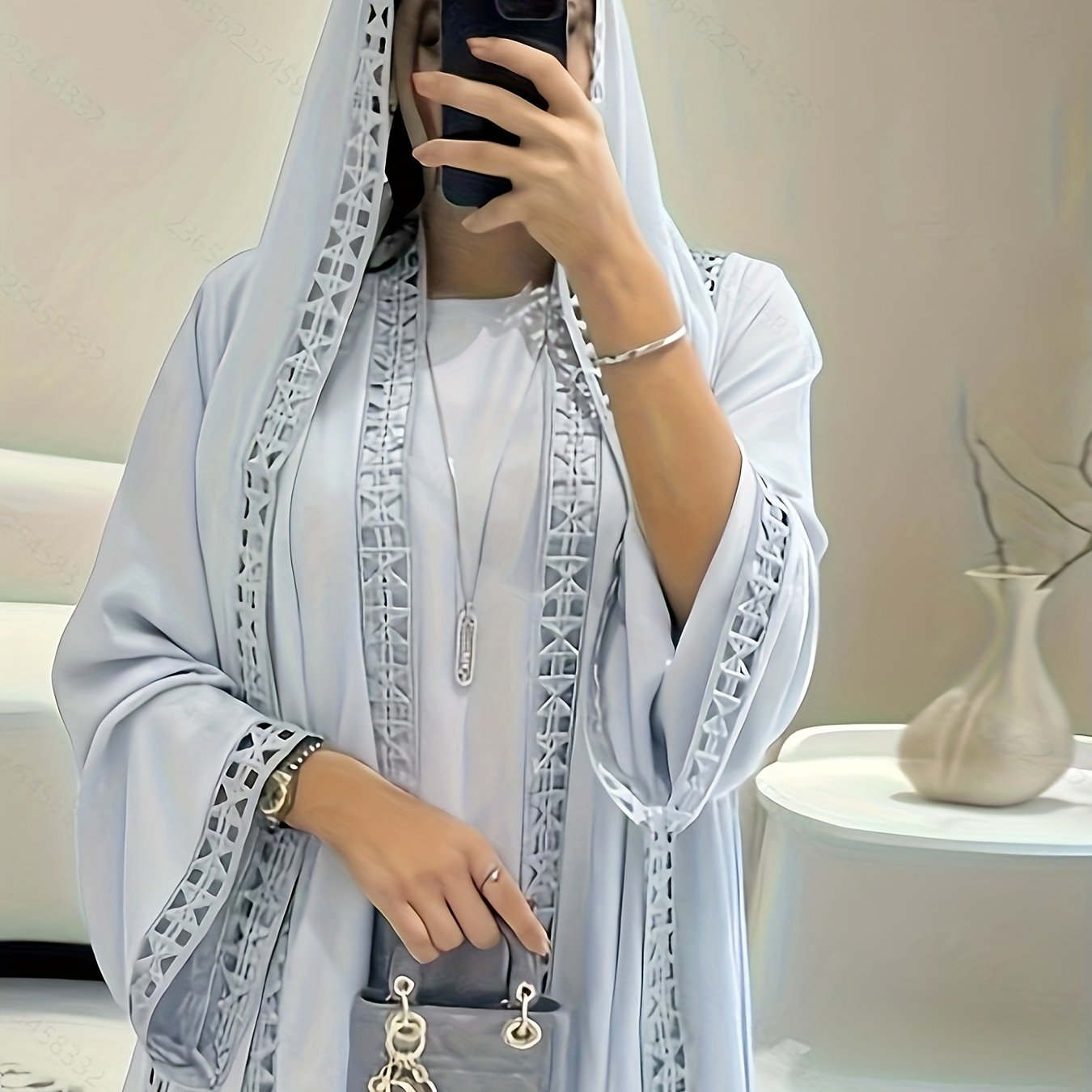 Elegant Open Long Robe Set with Lace Trim, Sleeveless Underwear Skirt and Chiffon Headscarf