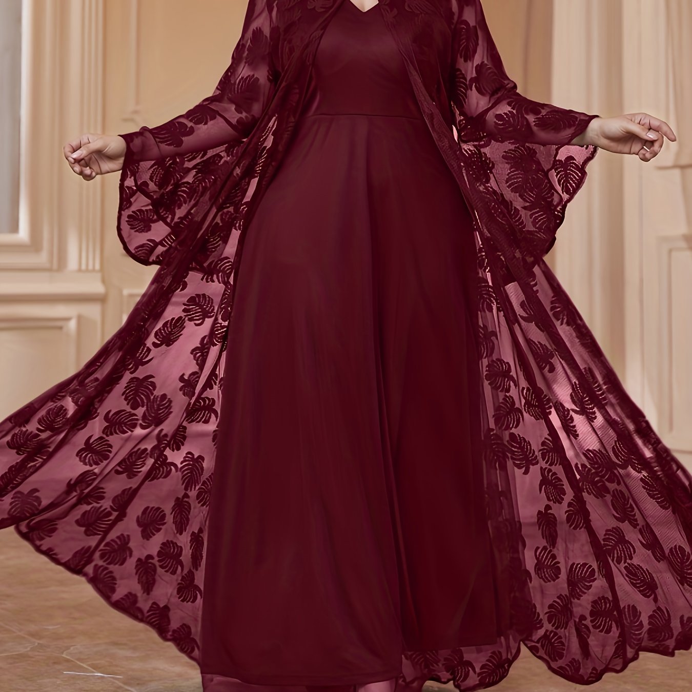 Plus Size - Elegant Round Neck Mesh Embroidery V-Neck Slim Long Dress