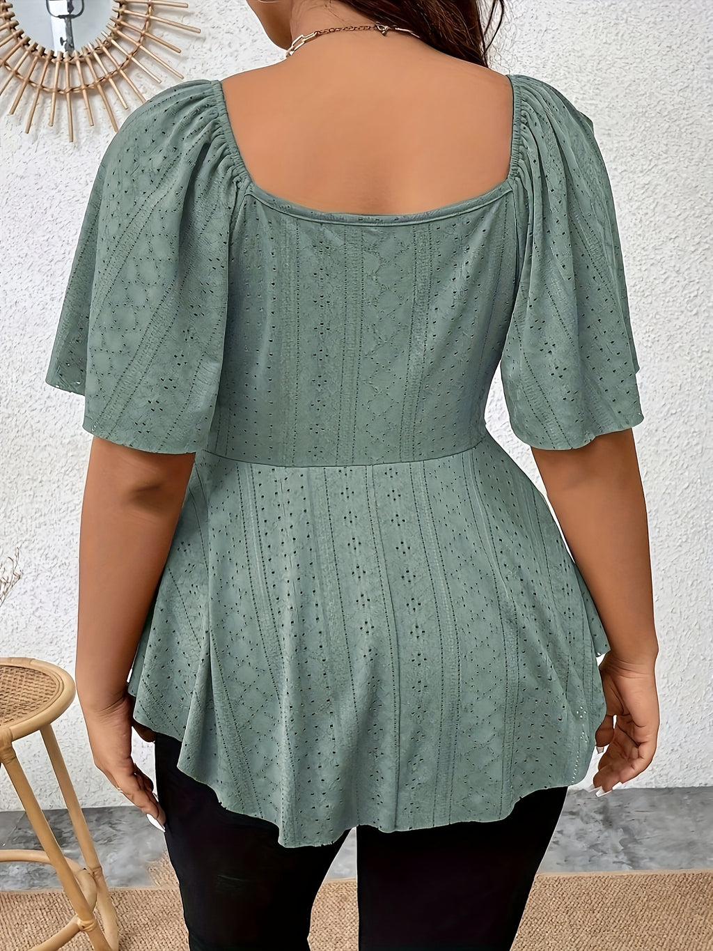 Stylish Plus Size Solid Eyelet Cutout Twist T-shirt