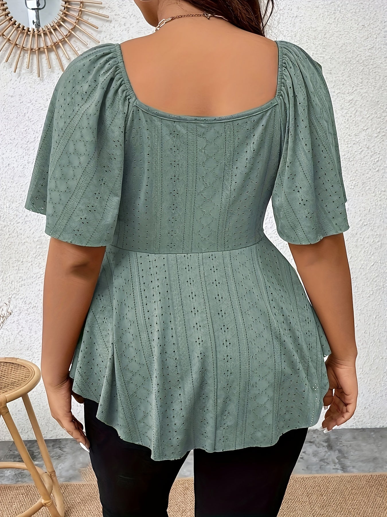 Stylish Plus Size Solid Eyelet Cutout Twist T-shirt