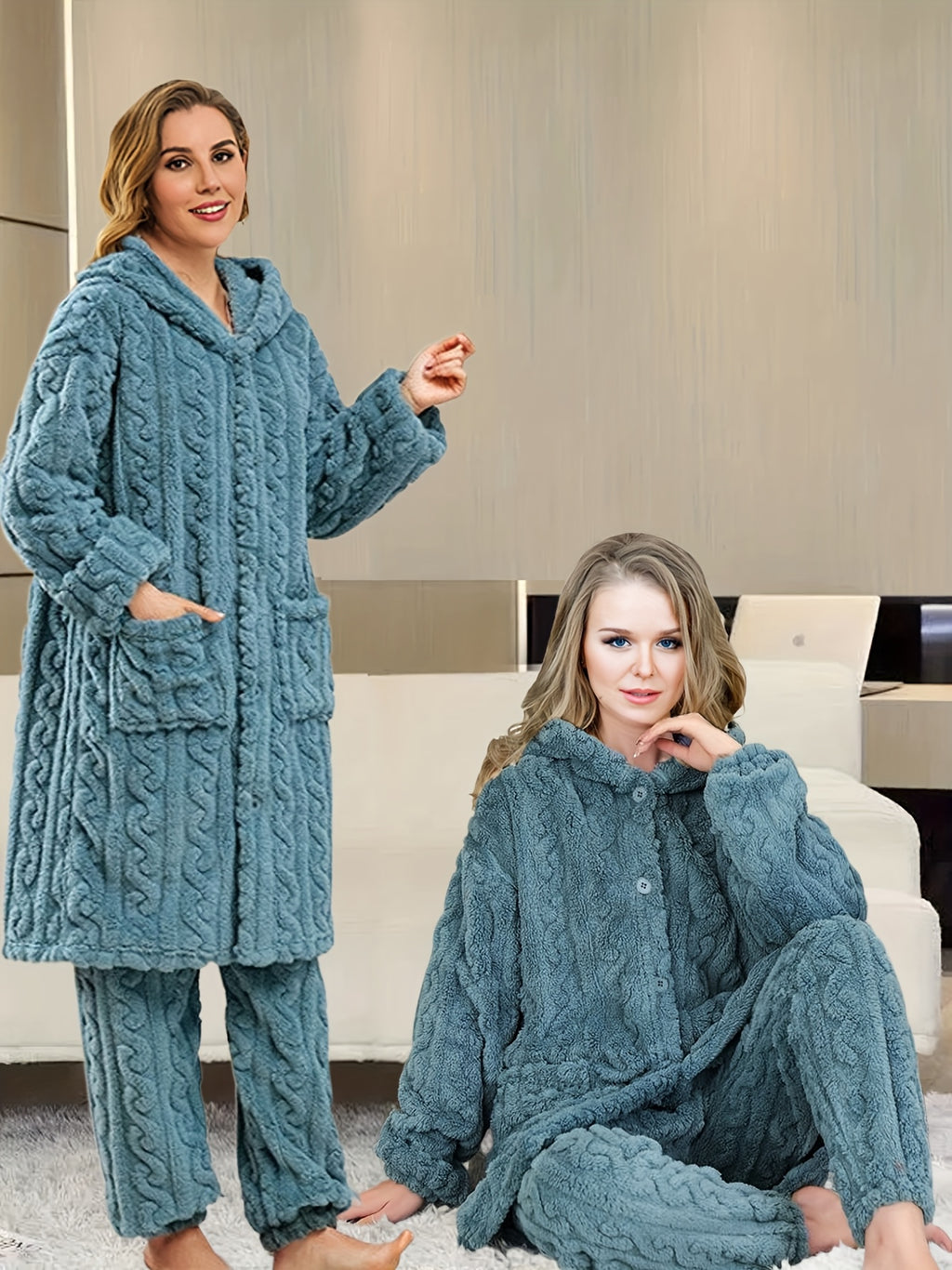 Thick Flannel Pajama Set for Women & Men - Winter Hooded Thermal Sleepwear with Front Button Placket
