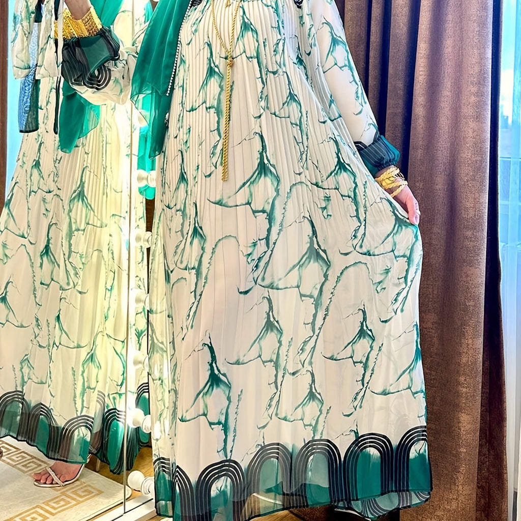 Stunning Tie Dye Print Kaftan Abaya - Elegant Long Sleeve Loose Fit Maxi Dress