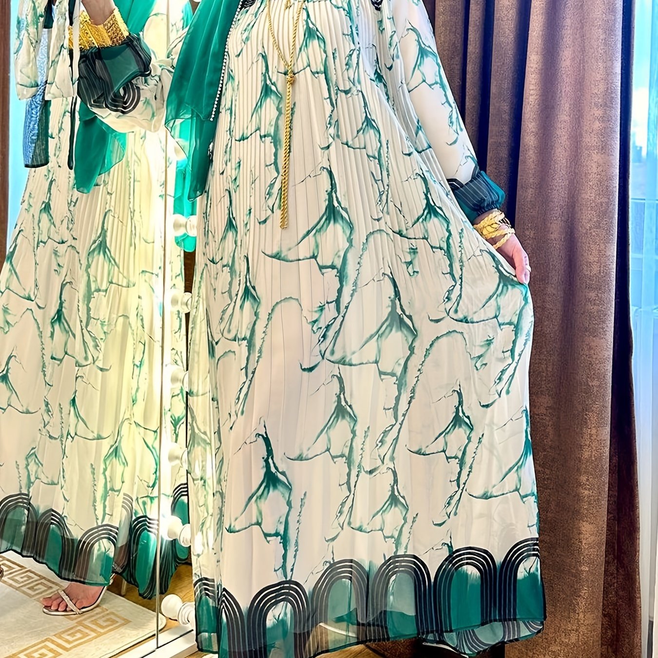 Stunning Tie Dye Print Kaftan Abaya - Elegant Long Sleeve Loose Fit Maxi Dress