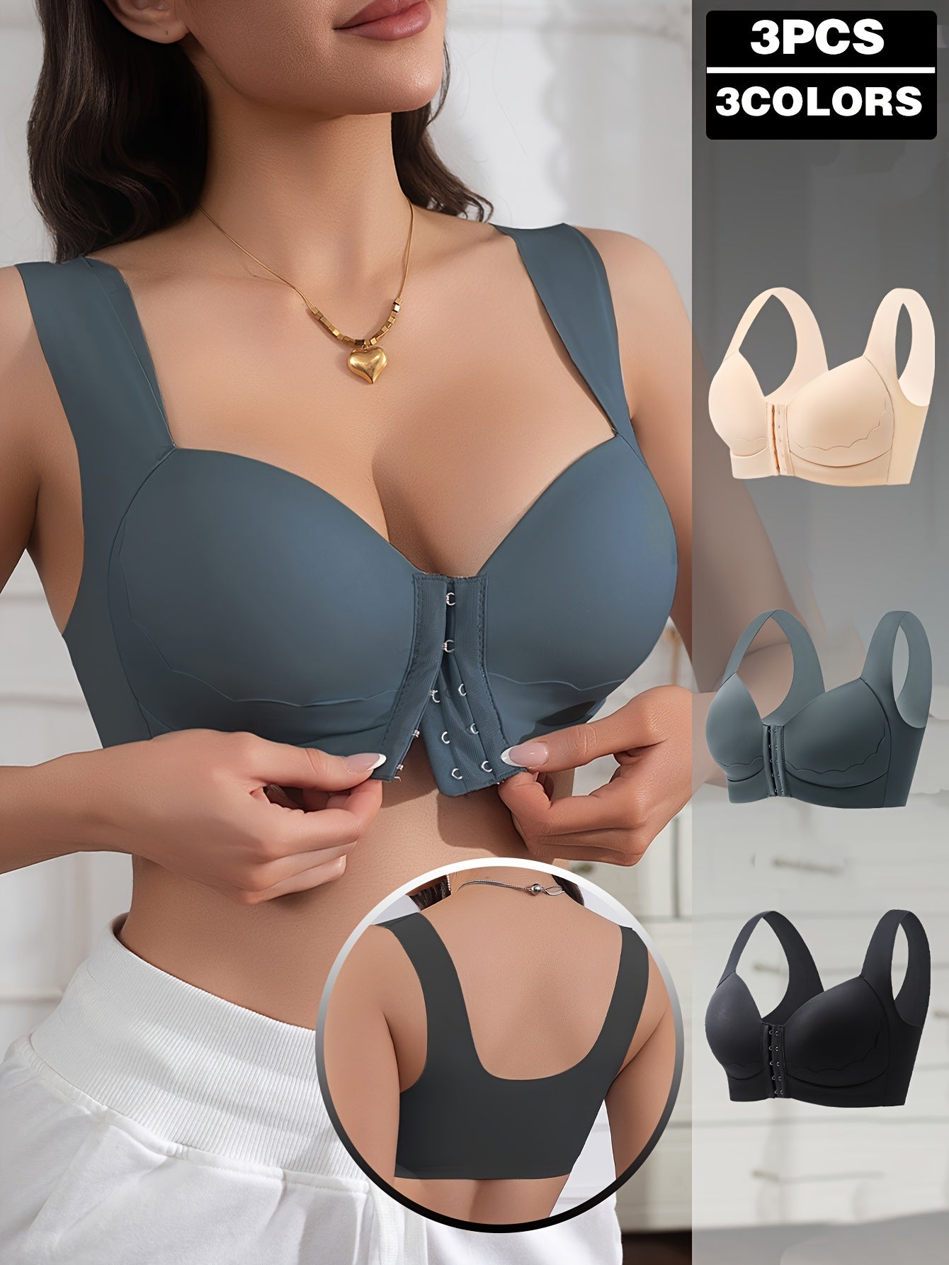 3pcs Women's Solid Color Contrast Front Snap Push-Up Bras