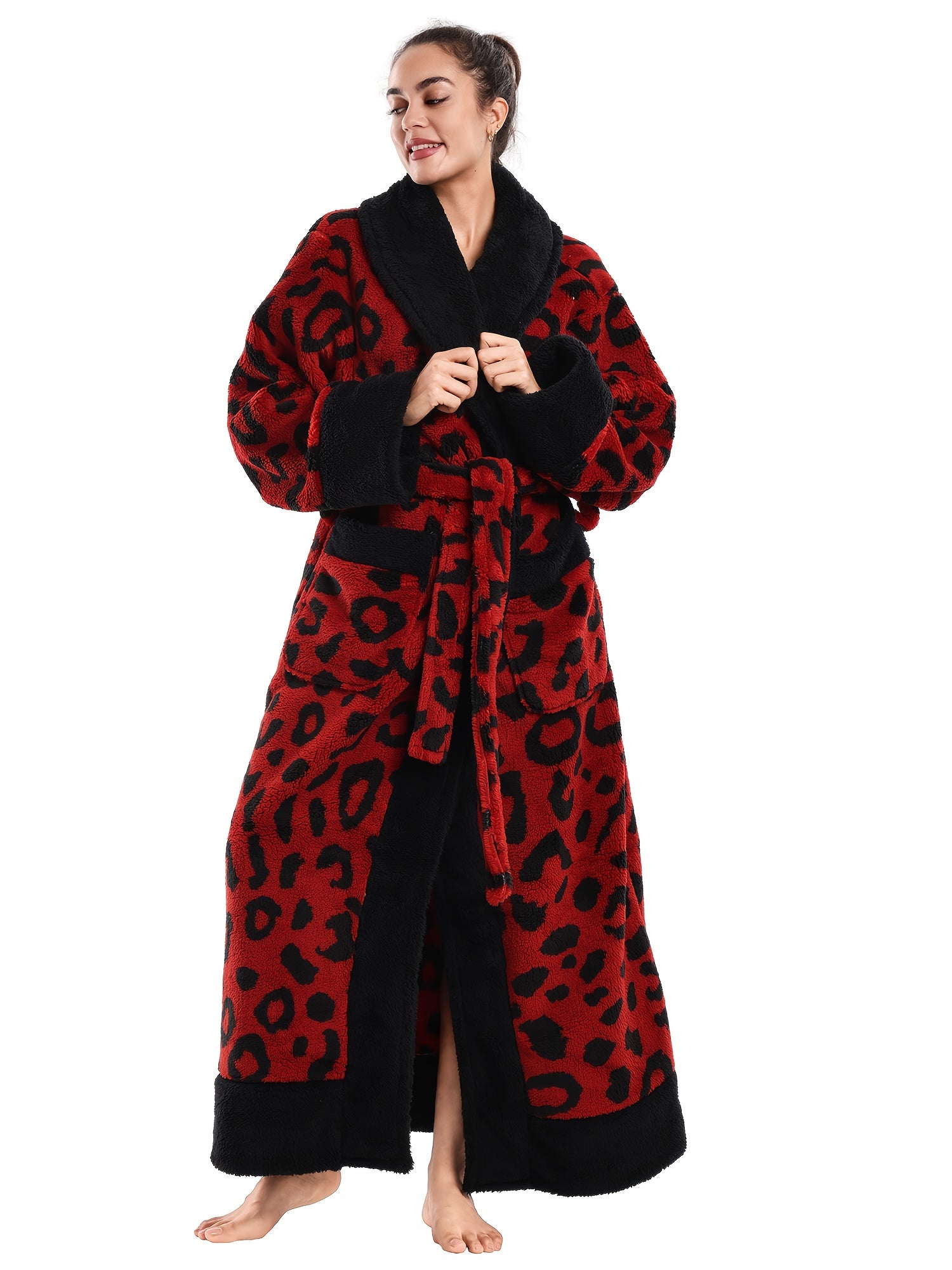 1pc Women's Elegant Leopard Print Robe & Sleepwear - Oversized Winter Cozy Plush Bathrobe