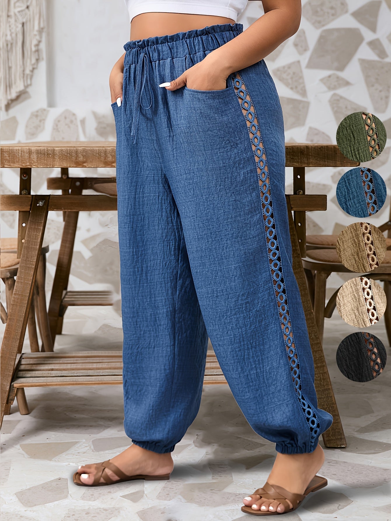 Women's Plus Size Casual Tapered Pants with Ruffle Detail