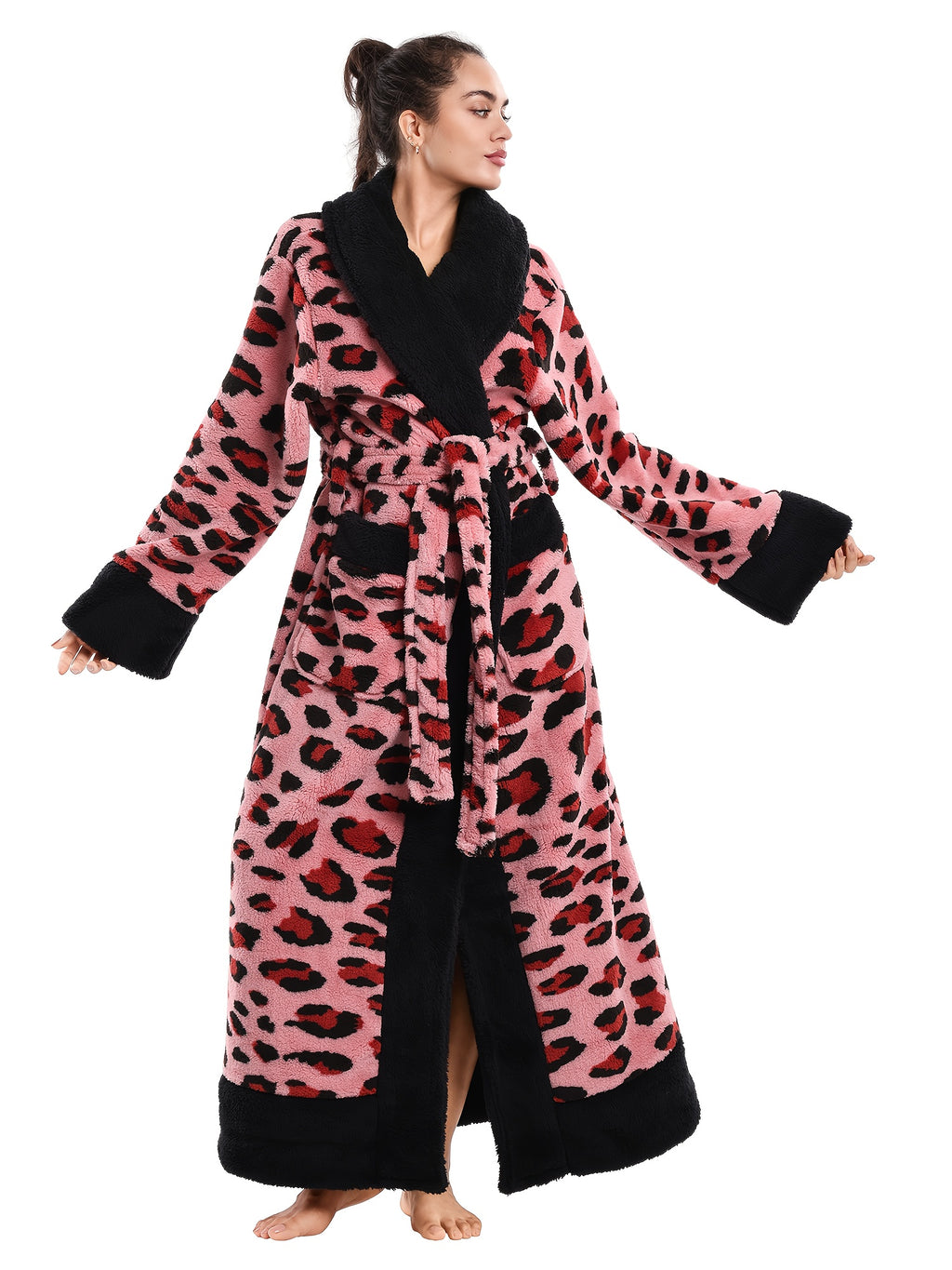 1pc Women's Elegant Leopard Print Robe & Sleepwear - Oversized Winter Cozy Plush Bathrobe