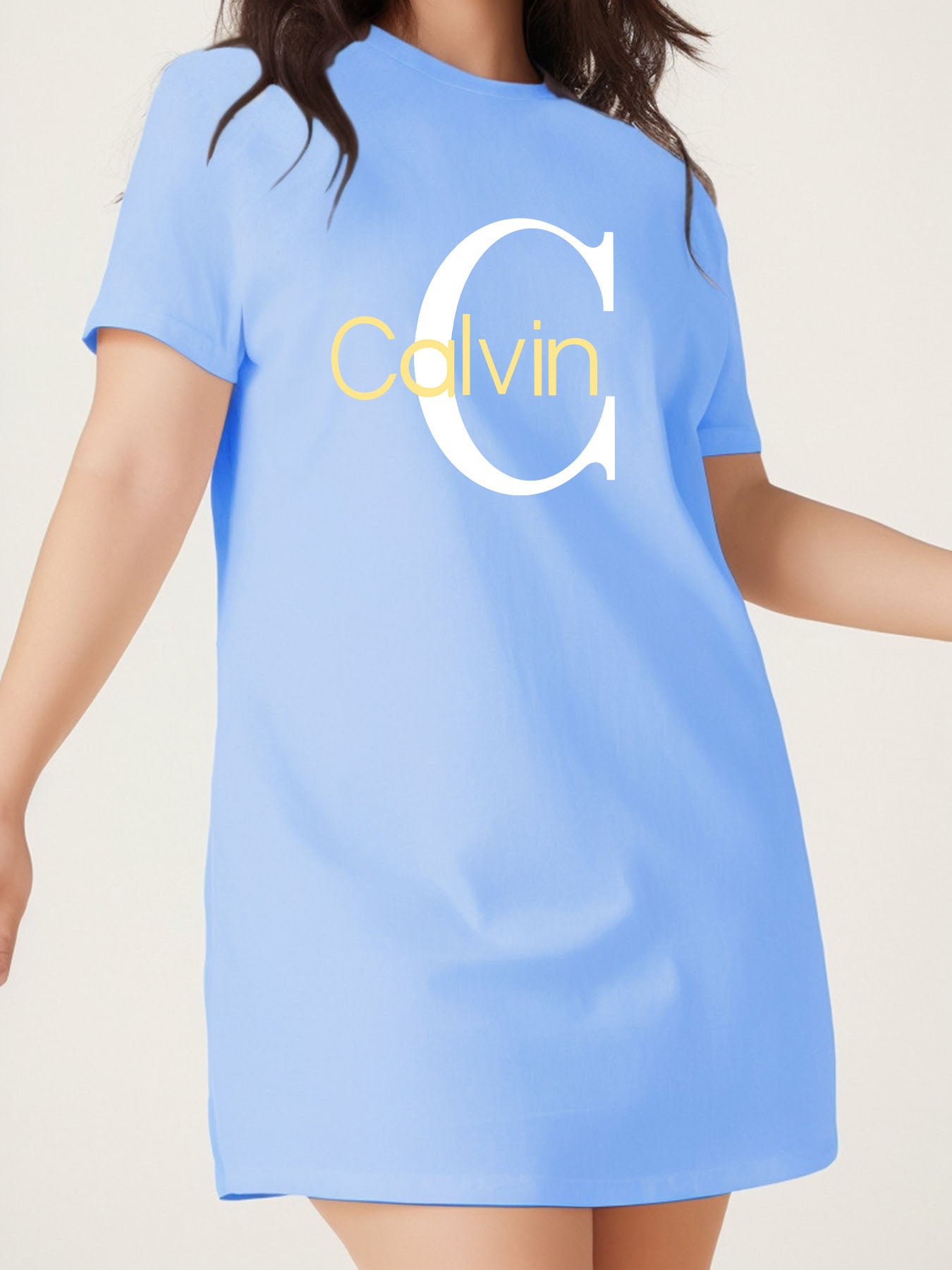 Calvin Women's Stretchy Breathable Polyester T-Shirt Dress - Slim Fit Knee-Length Round Neck Casual Summer Dress with Bold Yellow Lettering, Machine Washable Spring/Summer Outfit