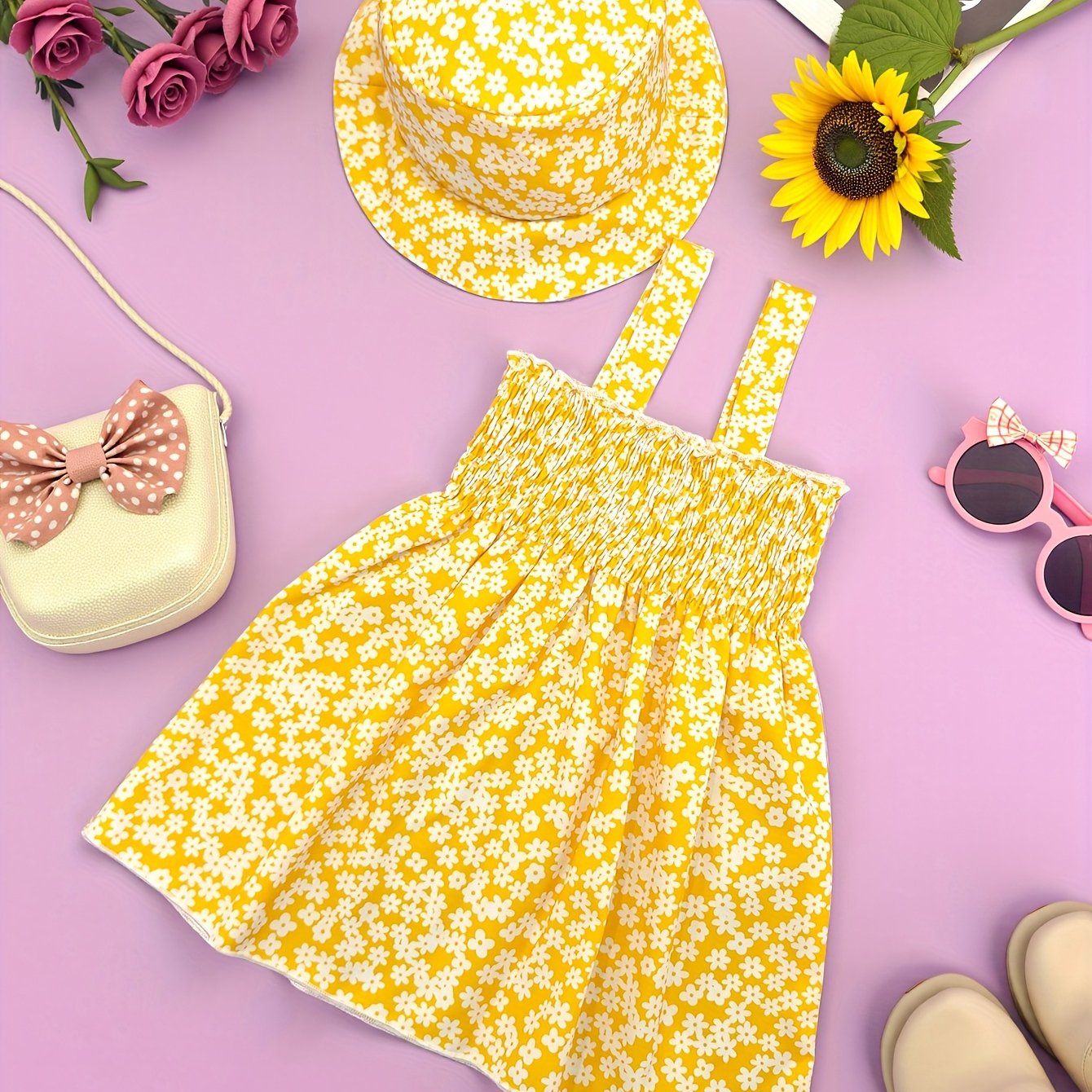 Casual Beachy Daisy Print Girls' Sleeveless Sun Hat Dress