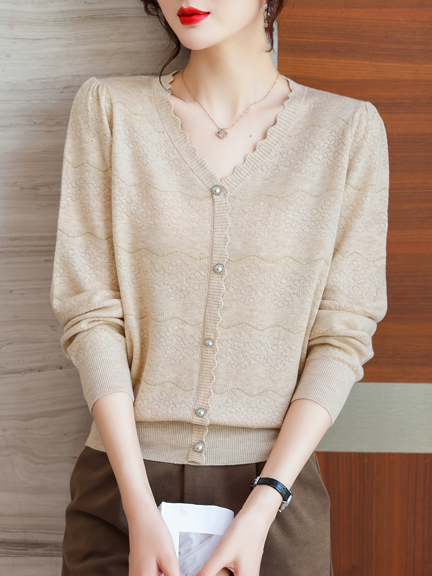Women'S Elegant V-Neck Blouse - Lightweight Breathable Long Sleeve Shirt with Button Front