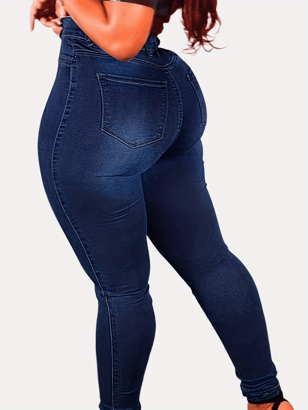 Women's High-Waisted Stretch Jeans - Non-See-Through Stretch Denim Pants with Button Closure