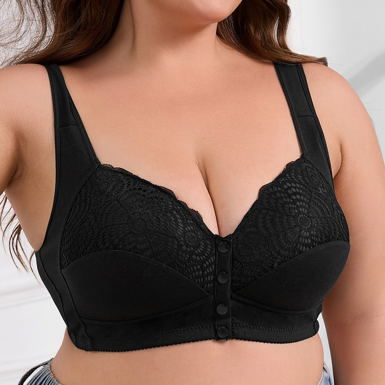 Plus Size Women's Wire-Free Bra Front Closure, Contrast Lace