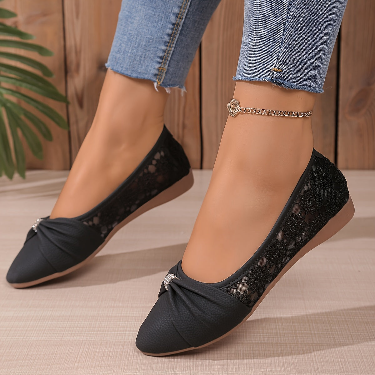 [White Rhinestone Flats] Comfortable White Pointed Toe Flats | Women's Rhinestone Bow Slip-On Shoes with Lace-Trimmed Fabric Upper &