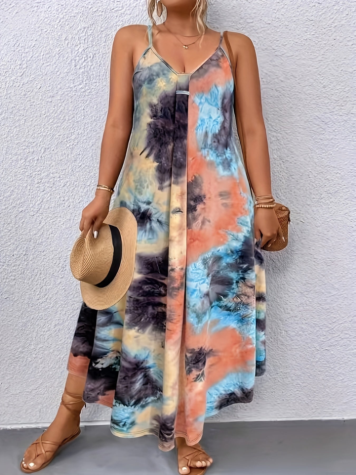 European and American trendy plus-size Women's tie-dye dress with halter neck