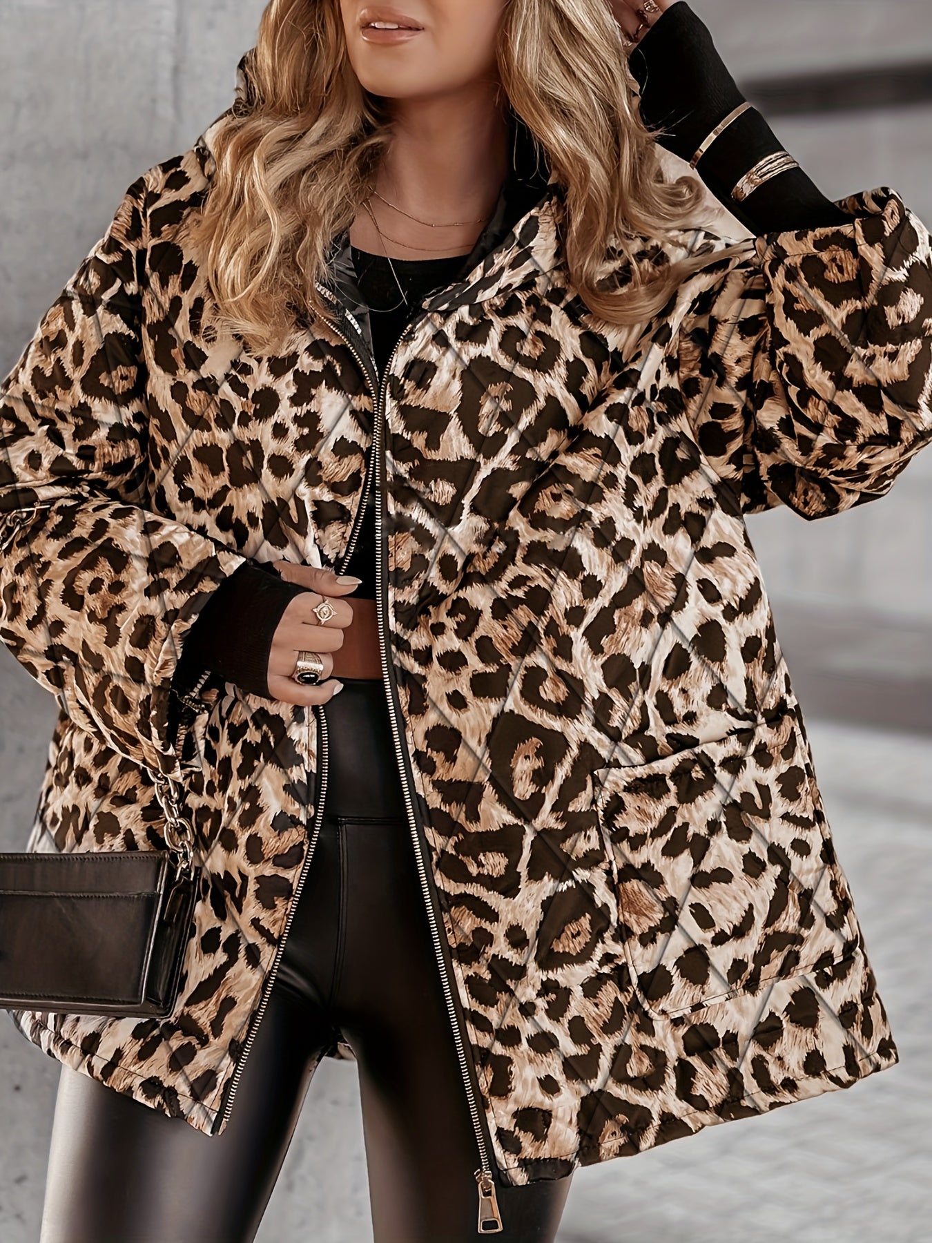 Plus Size Oversized Leopard Print (Brown/Black) Full-Zip Hooded Winter Jacket for Women