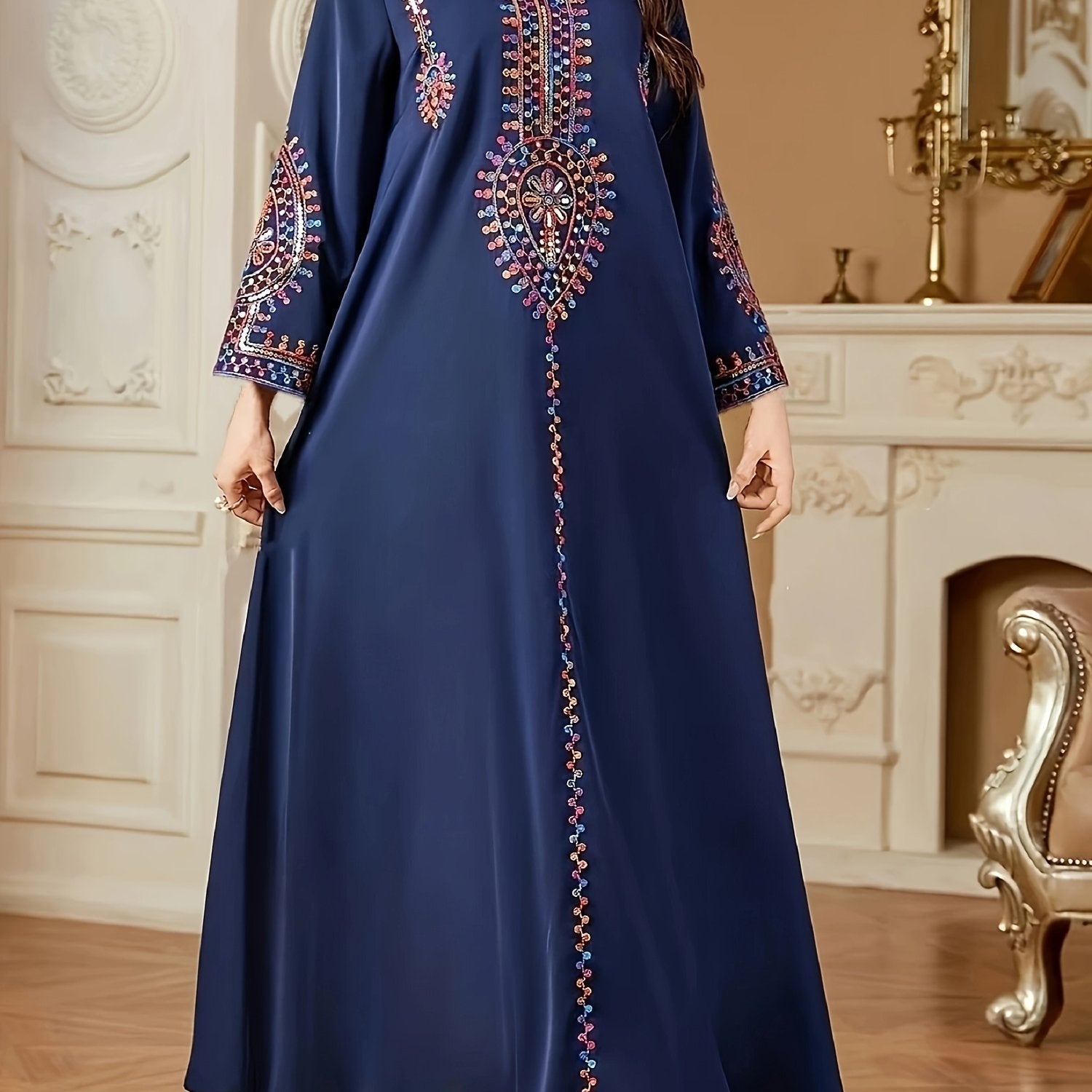 Elegant Middle Eastern-Style Long Dress with Intricate Designs