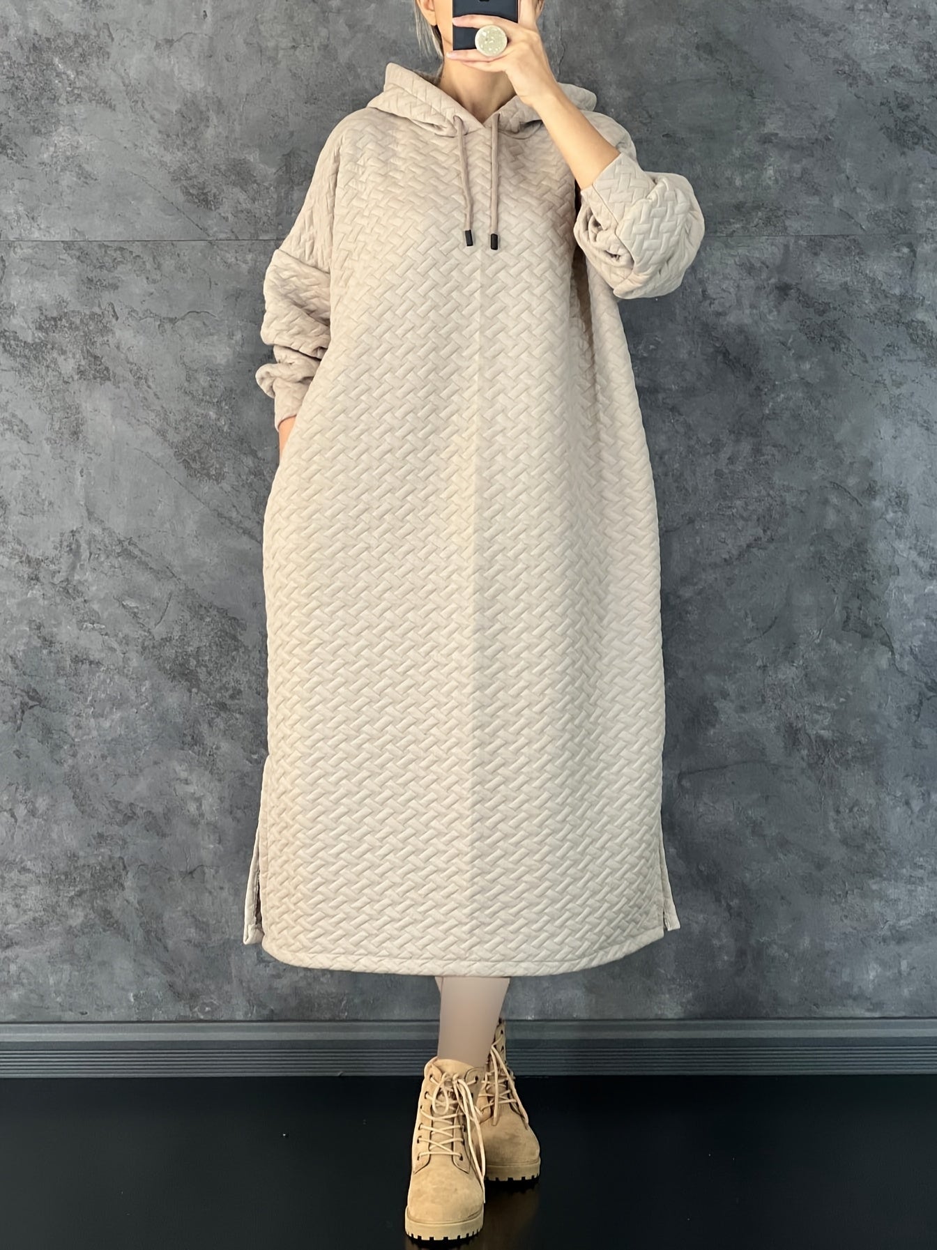 Women's Casual Hooded Long Sleeve Dress with Pockets - Solid Color