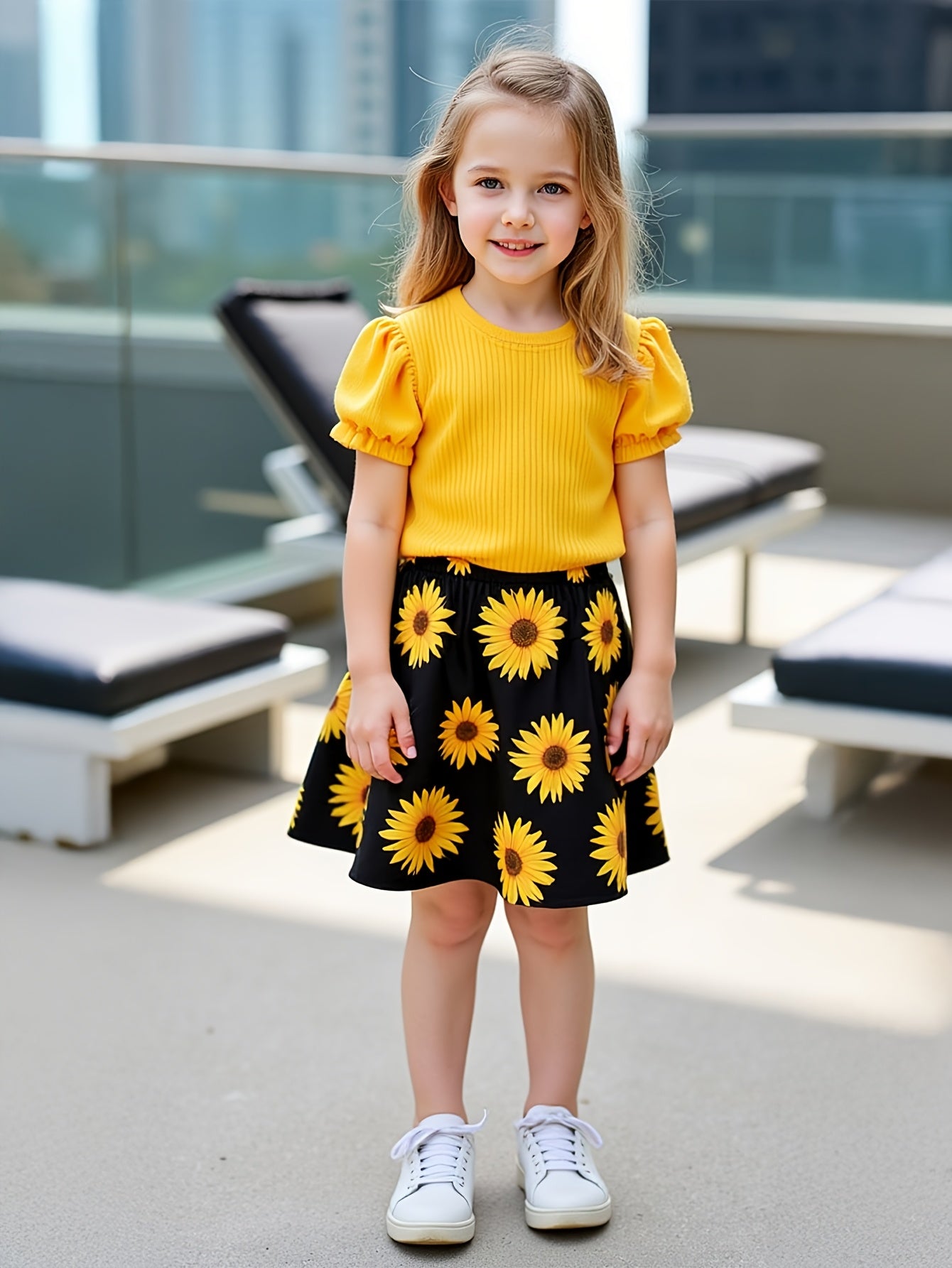 Girls' Sunflower Print Short Sleeve Top + Skirt Set