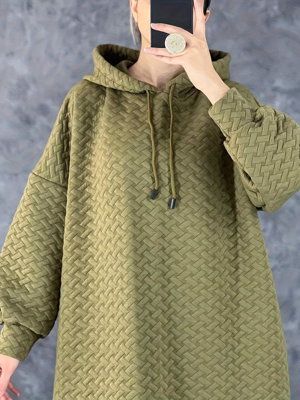 Women's Casual Hooded Long Sleeve Dress with Pockets - Solid Color