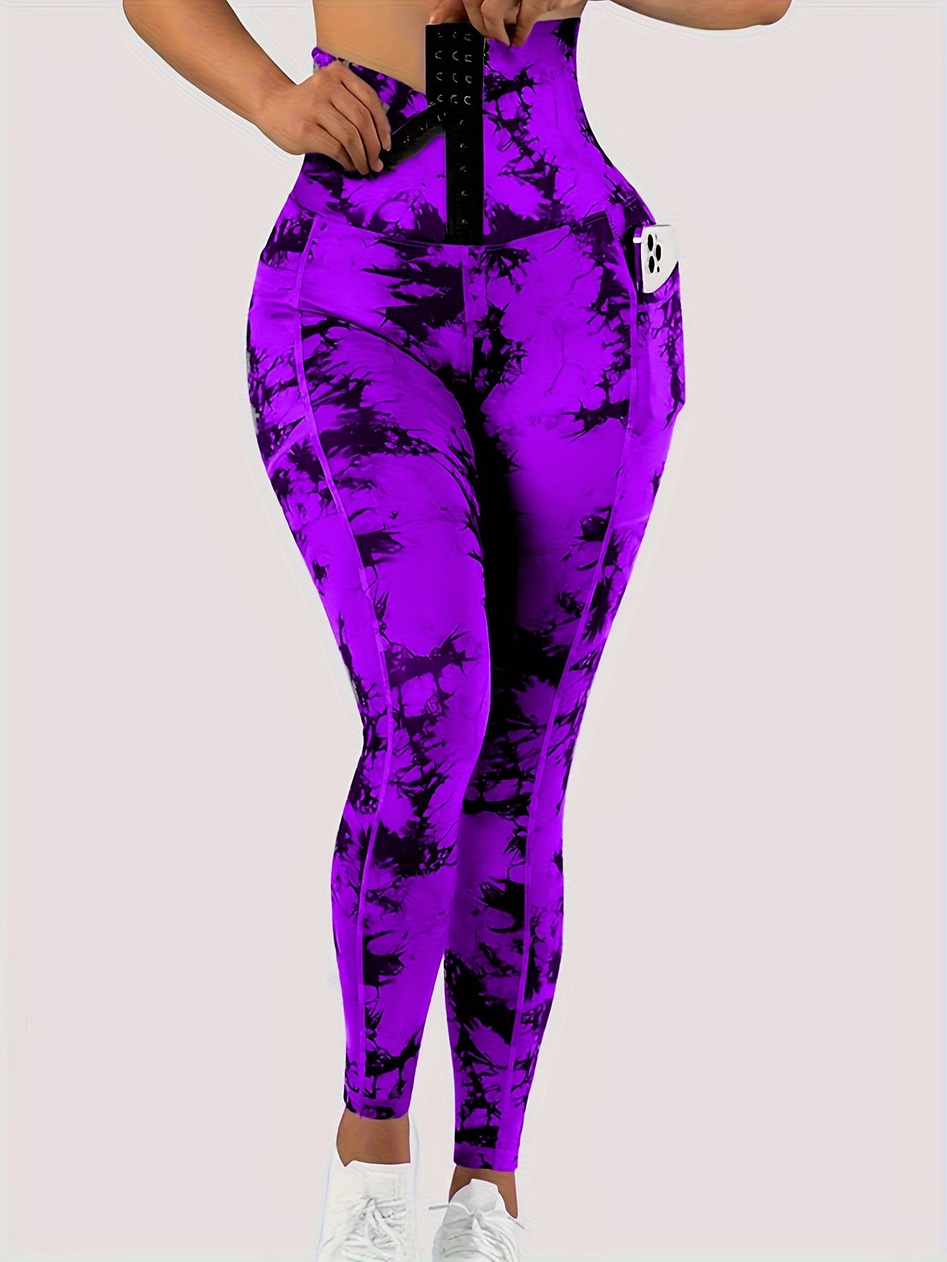 Women' High-Waist Tie-Dye Yoga Leggings with Front Button Closure & Pockets