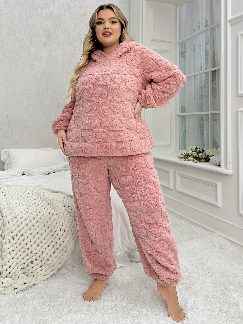 Cozy Pink Heart Plush Hooded Pajama Set with 3D Ears - Long Sleeve & Pants