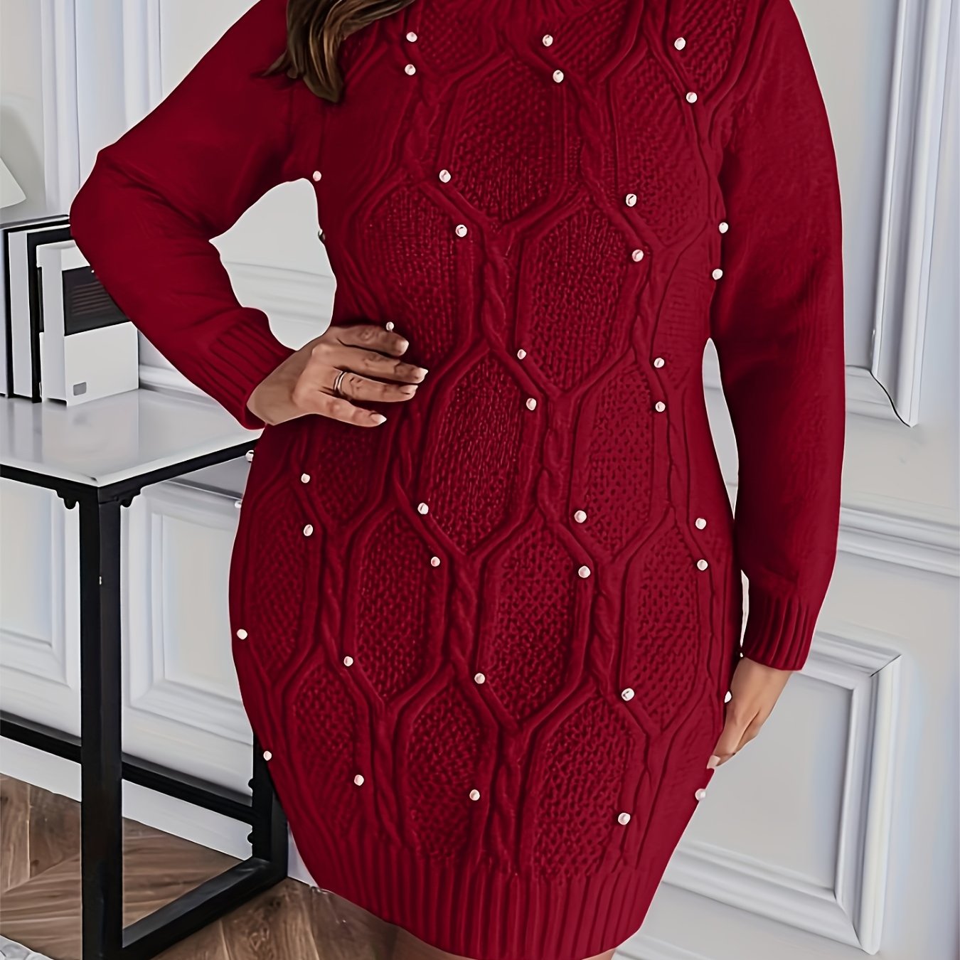 Women's Plus Size Burgundy Pearl-Adorned Oversized Sweater Dress Christmas Party New Year