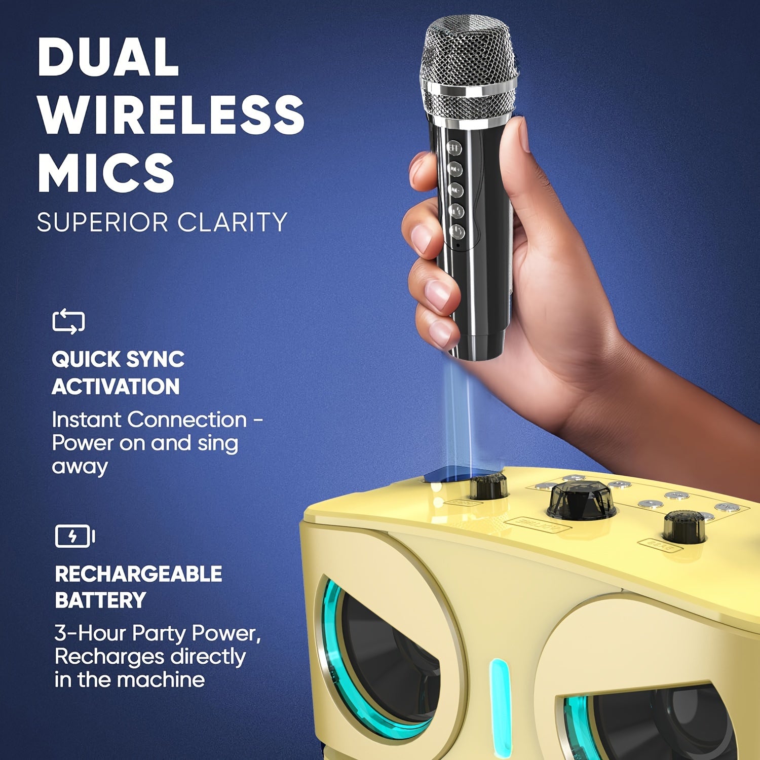 Dual-microphone portable wireless speaker with built-in RGB lights, supporting wireless AUX