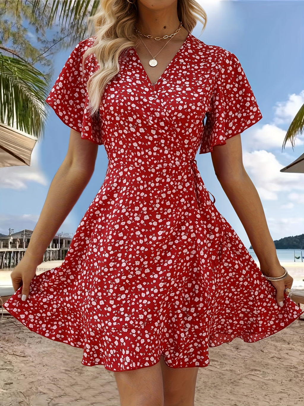 Cross Neck Ruffled Sleeve Dress