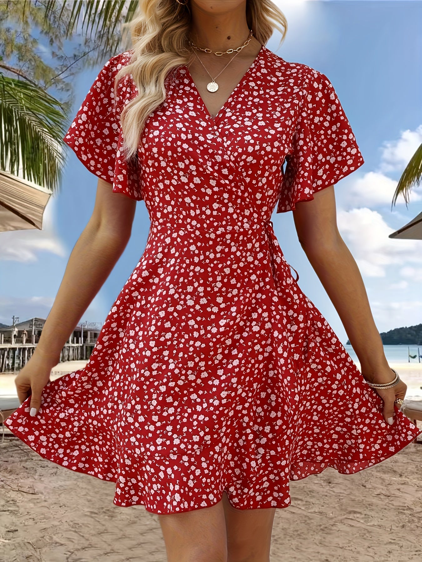 Cross Neck Ruffled Sleeve Dress