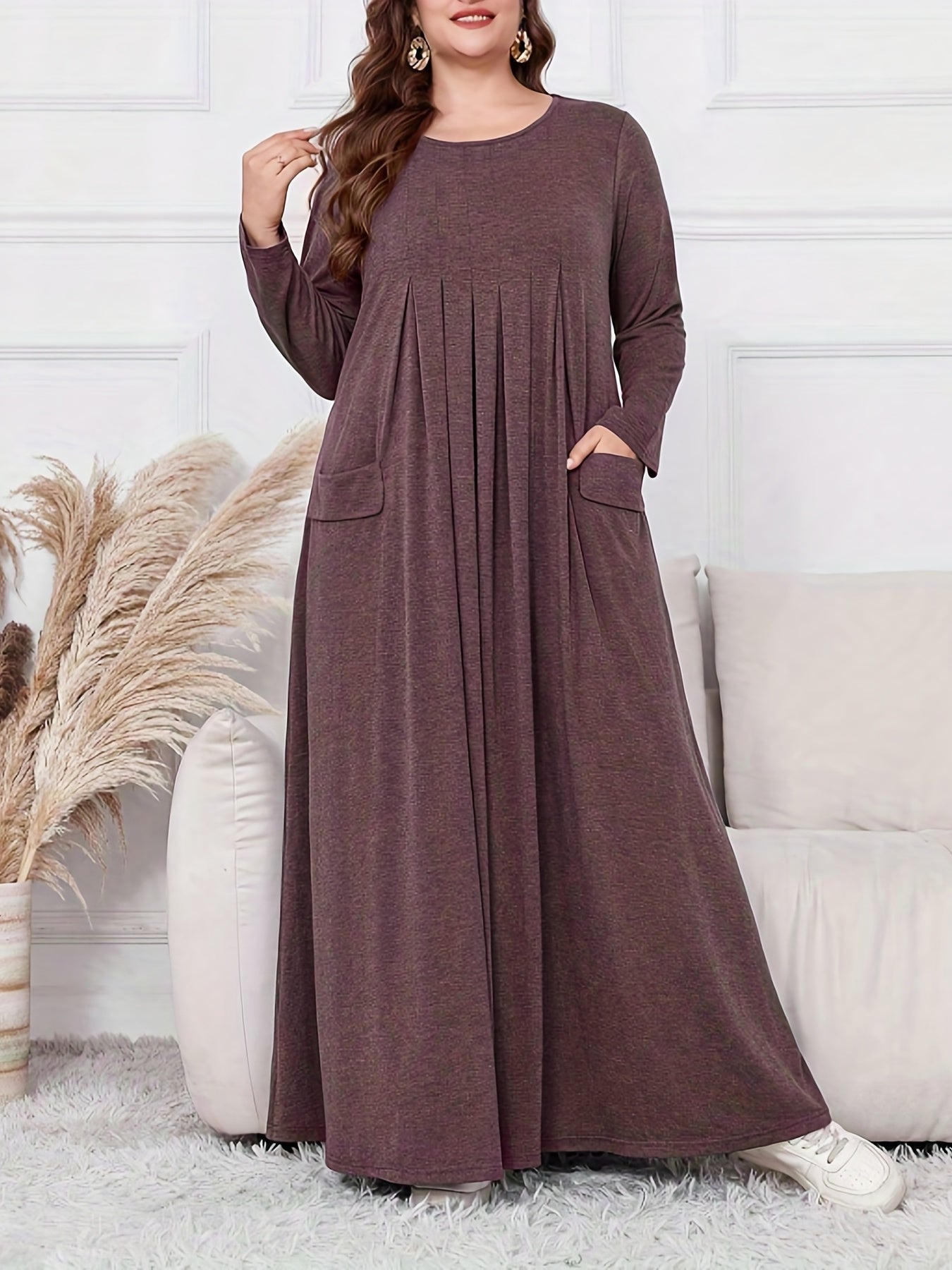 Elegant Plus Size Women's Long Sleeve Maxi Dress - Loose Fit