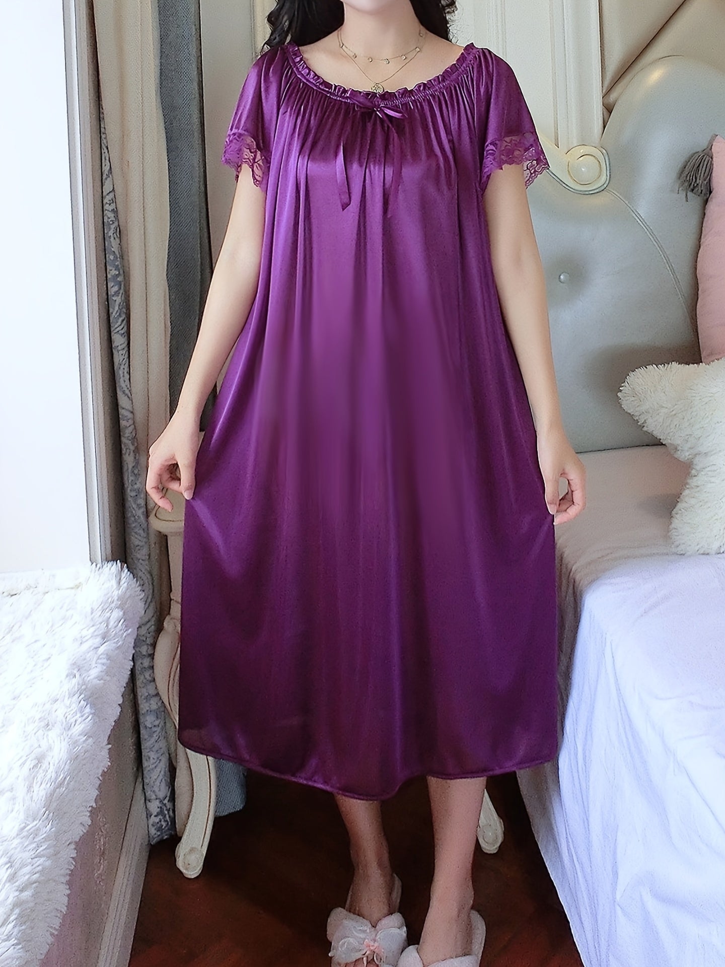 Elegant Off the Shoulder Short Sleeve Night Dress, Polyester Solid Color Slight Stretch Pullover for Adult Women, Spring/Summer Sleepwear