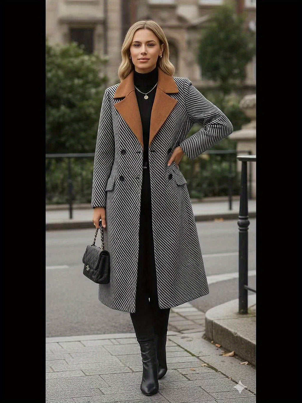 Women's Elegant Houndstooth Check Coat - Long Formal & Everyday Outerwear, Structured H-Silhouette