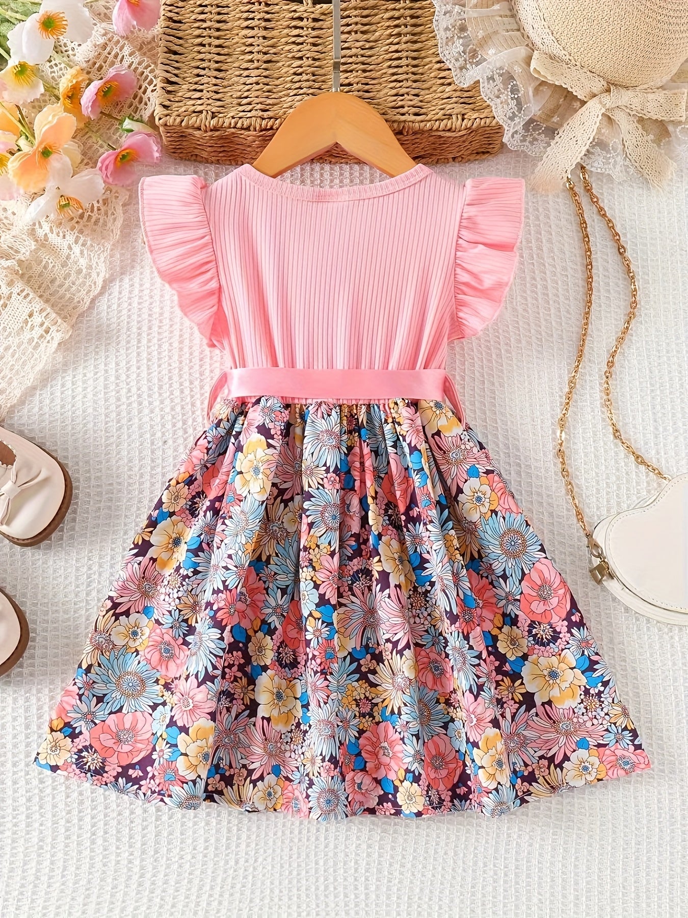 Girls' Floral Print Ruffled Sleeve Dress with Ribbon Belt