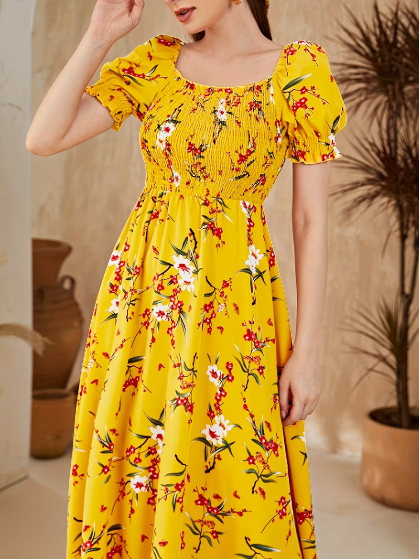 Women's Floral Print Square Neck Puff Sleeve Dress