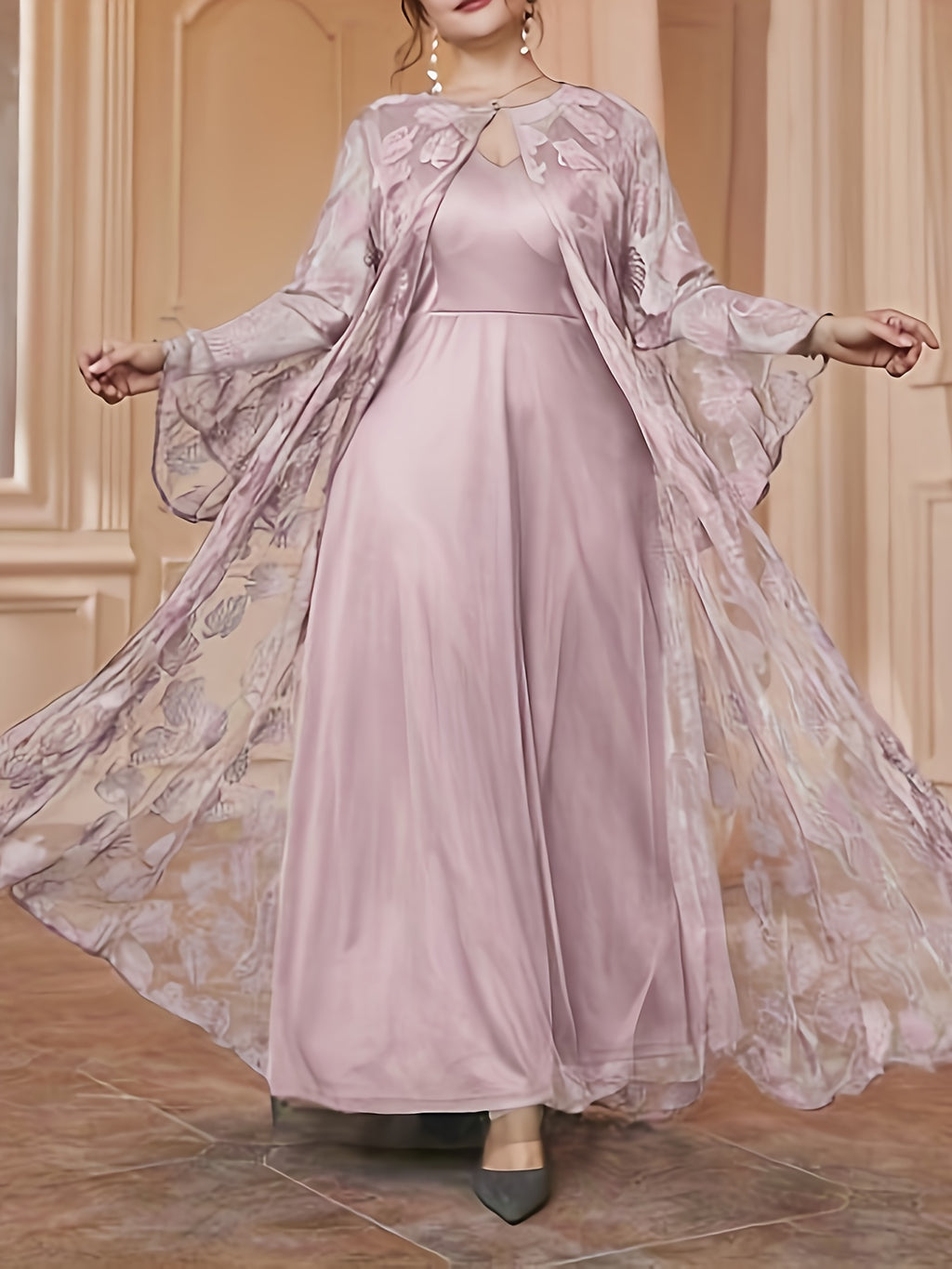 Plus Size - Elegant Round Neck Mesh Embroidery V-Neck Slim Long Dress