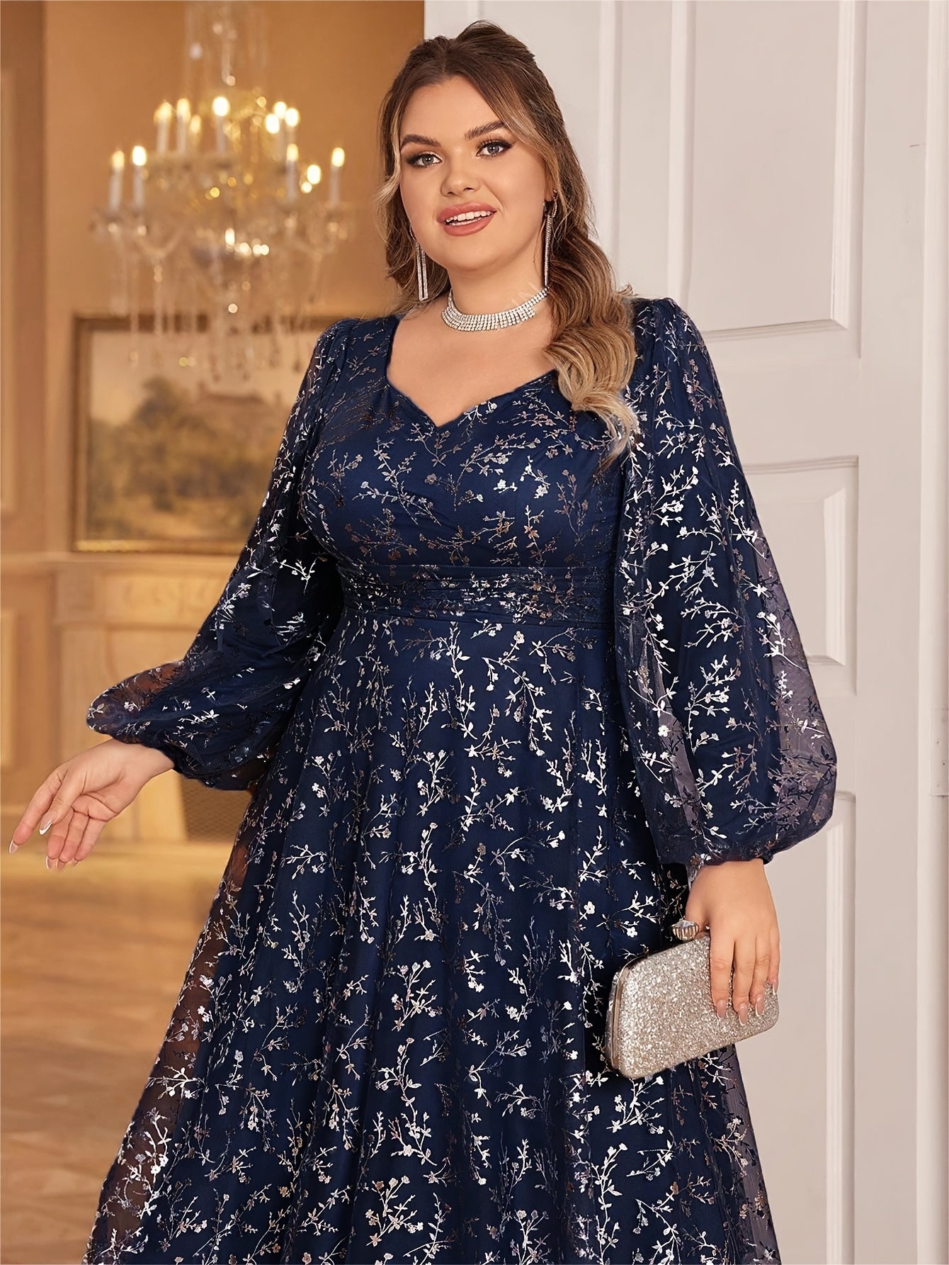 Plus Size, Plus Size Women's Golden Foil Floral Mesh Sweetheart Neck Lantern Sleeve