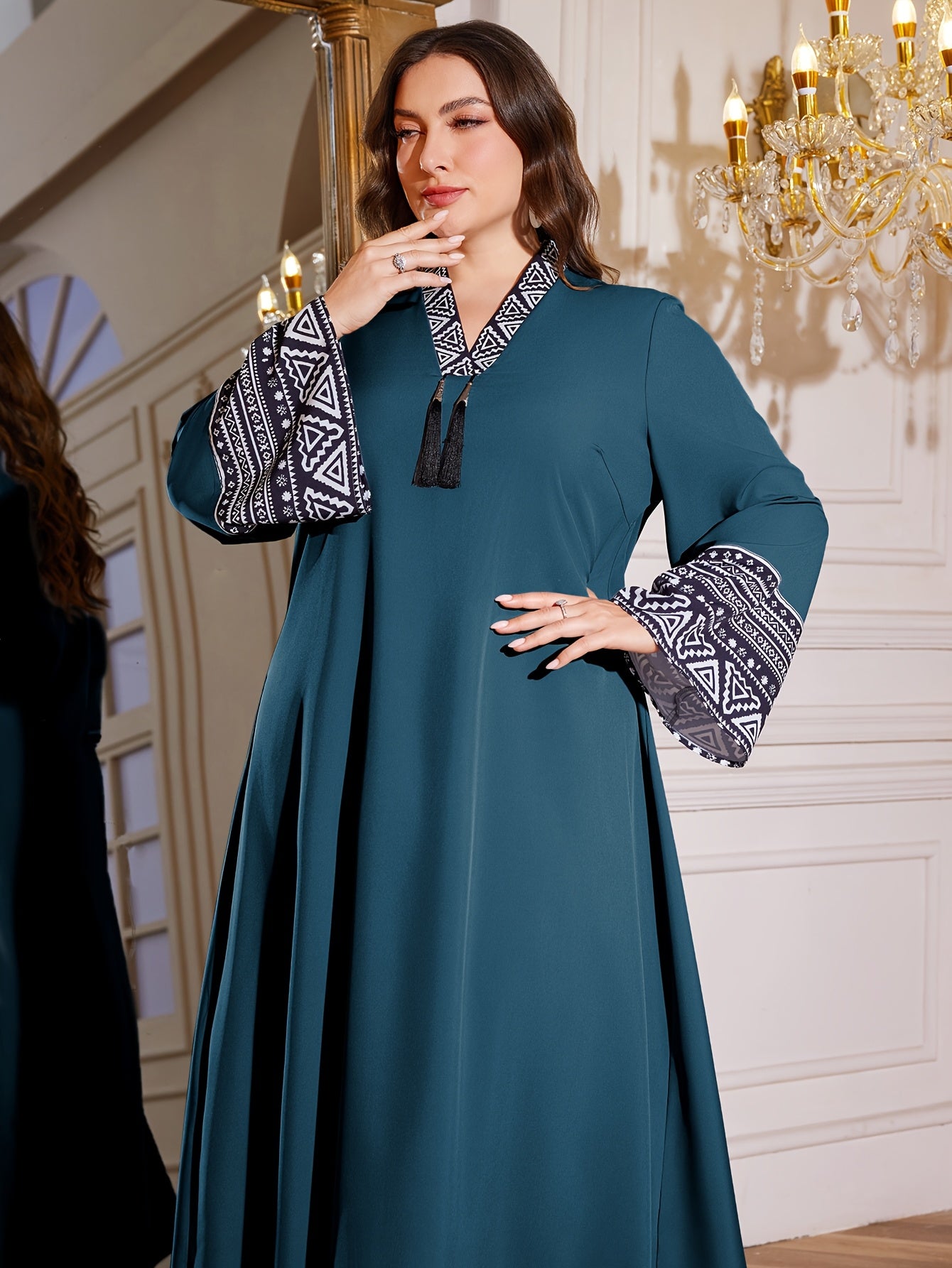 Elegant Plus Size Long Dress with V-Neck and Flutter Sleeves