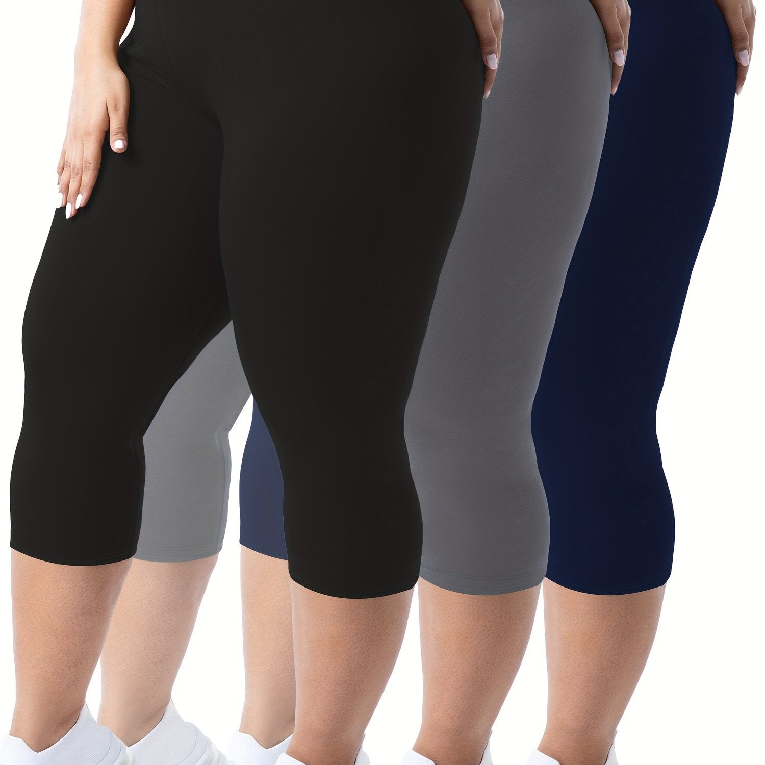 Plus Size - 3pcs High-Waist Capri Leggings for Women