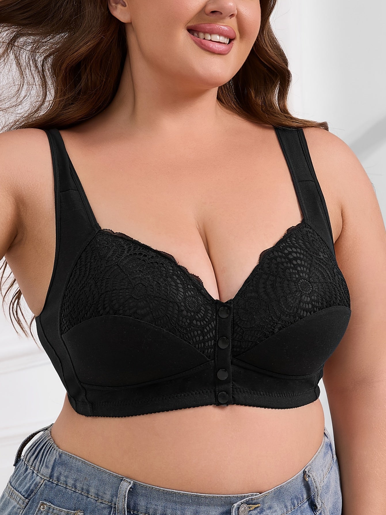 Plus Size Women's Wire-Free Bra Front Closure, Contrast Lace