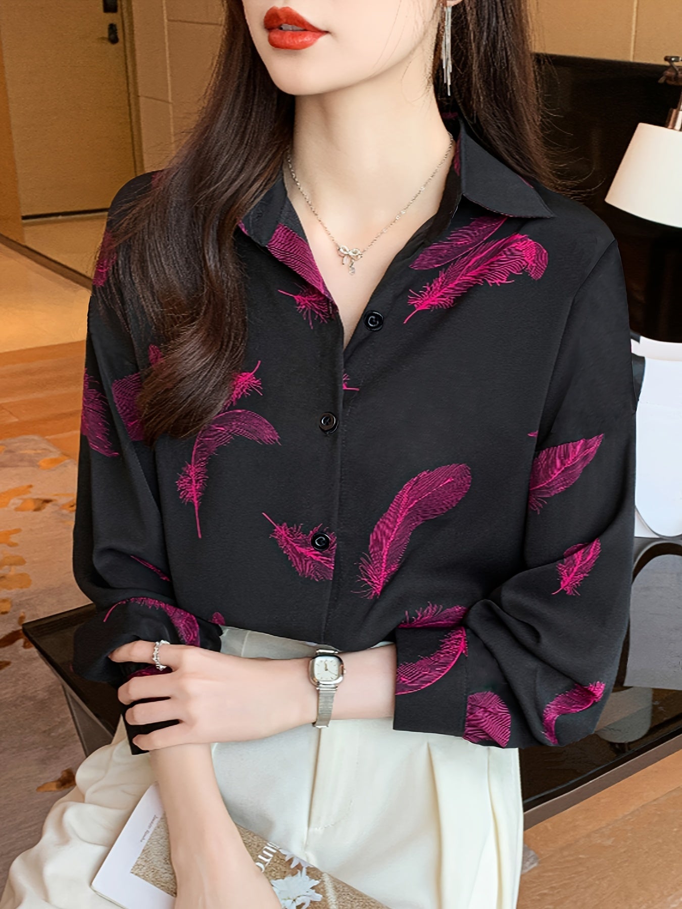 Women's Vintage Print Long Sleeve Polo Shirt, Spring/Fall Casual Loose Fit Lapel Collar Blouse