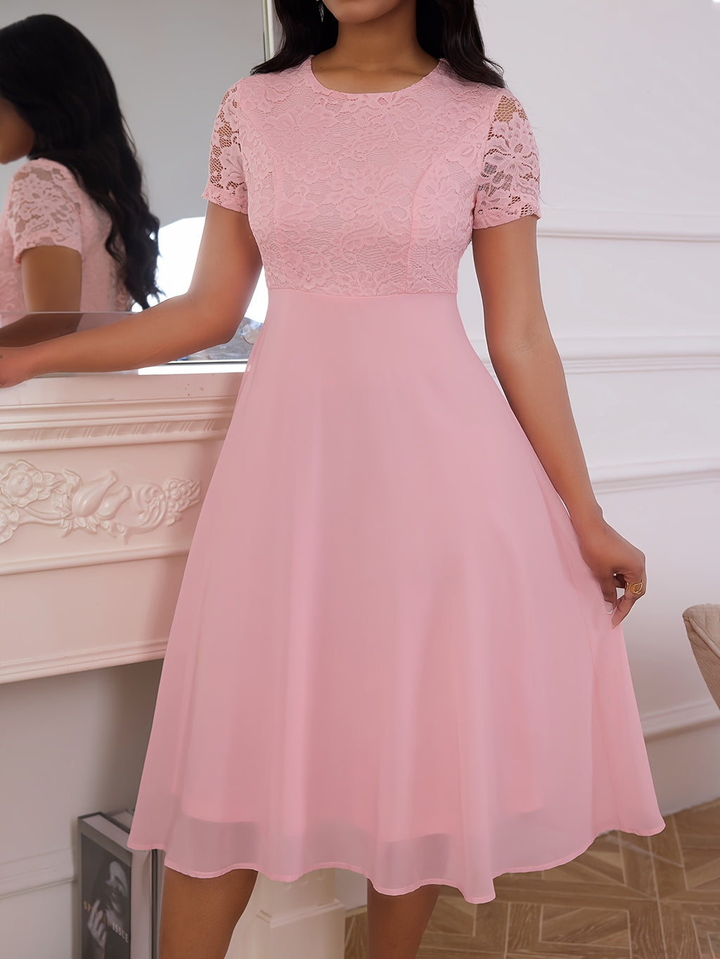 Polyester Elegant Pink Lace Midi Dress